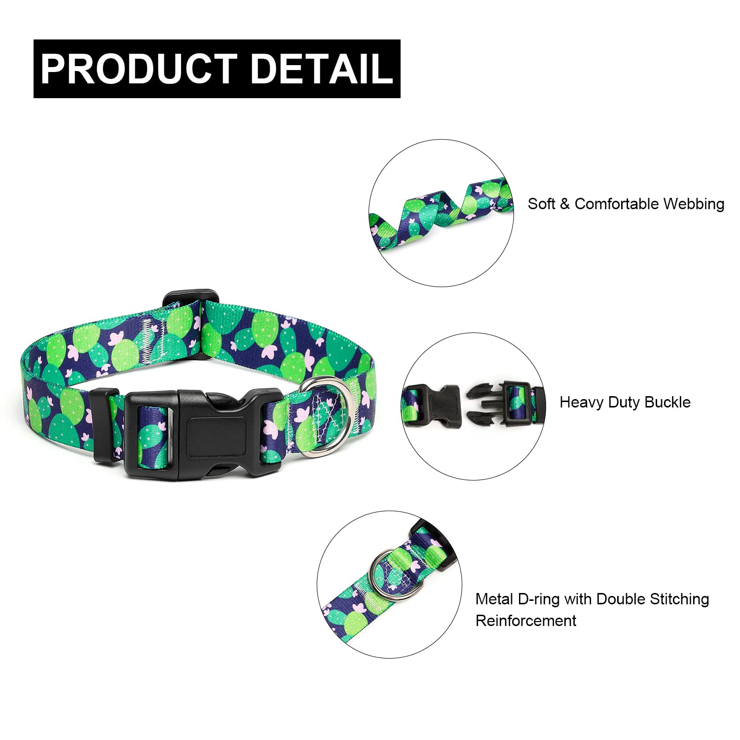Mercano Adjustable Dog Collar - Special Design Patterns, Soft Nylon Comfortable Durable Pet Collar For Small Medium Large Dogs (L, Cactus)