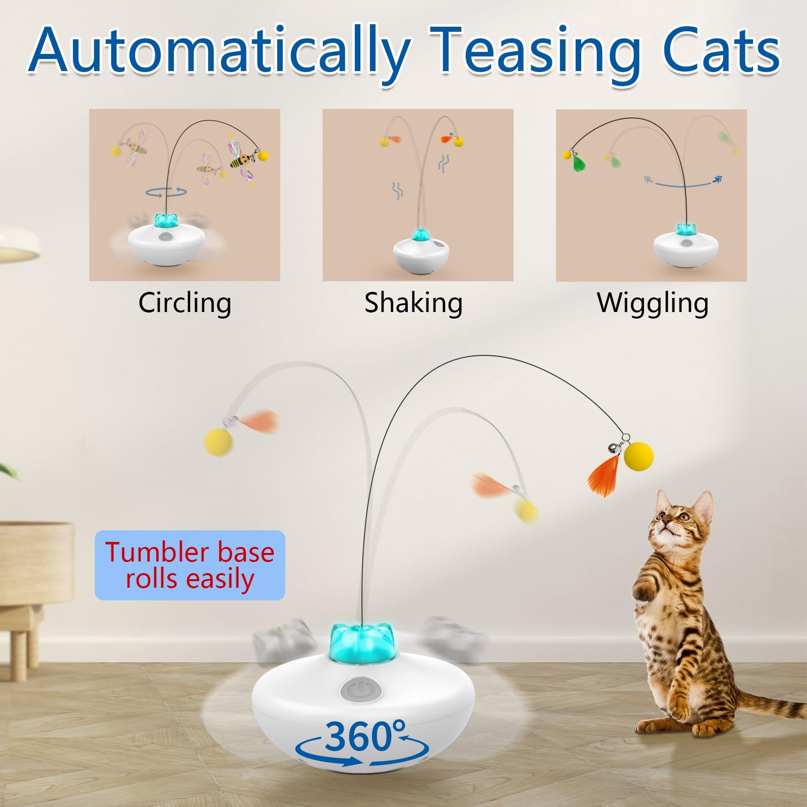 Oxawo Interactive Cat Toys Cat Exercise Tumbler, Rechargeable Cat Toys For Indoor Cats Spin Butterfly Game Teasing Kitty, Extra Long Feather Wand (P33 Cat Toys)