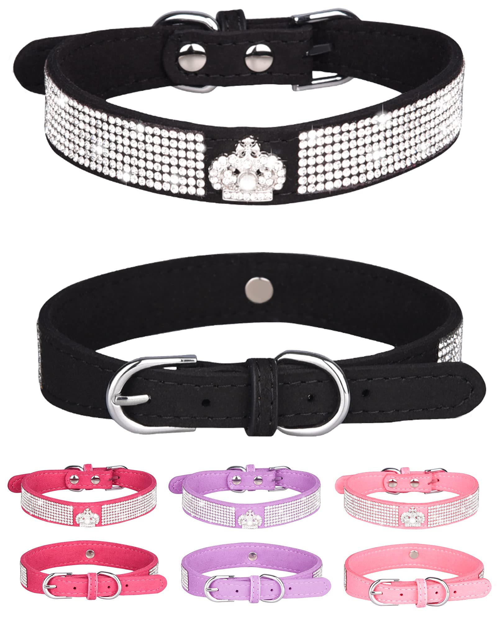 Dog Collar For Small Dogs, Adjustable Leather Suede Bling Dog Collars,Pink Dog Collar Cat Collar, Rhinestone Dog Collar (M, Blac