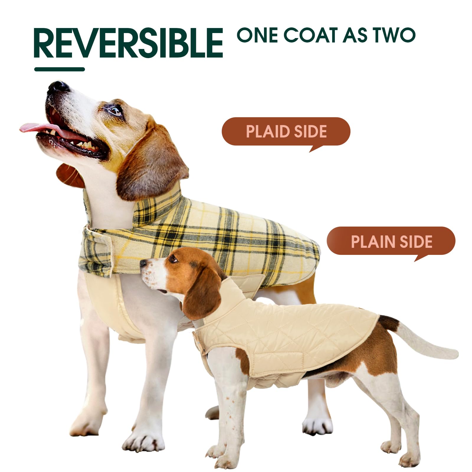 Kuoser Warm Dog Coat, Reversible Dog Jacket Waterproof Dog Winter Coat British Style Plaid Dog Clothes Pet Dog Cold Weather Coats Cozy Snow Jacket Vest For Small Medium Large Dogs Yellow 3Xl