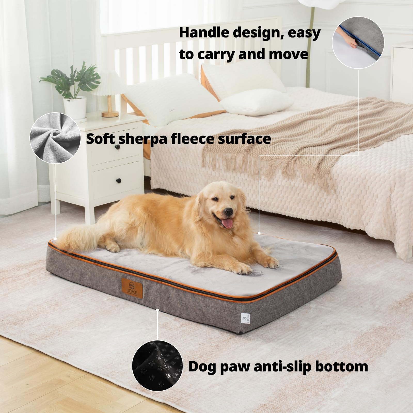 LIORCE Orthopedic Memory Foam Dog Bed - 6" Thick, XXL Size, Waterproof Cover, Light Grey