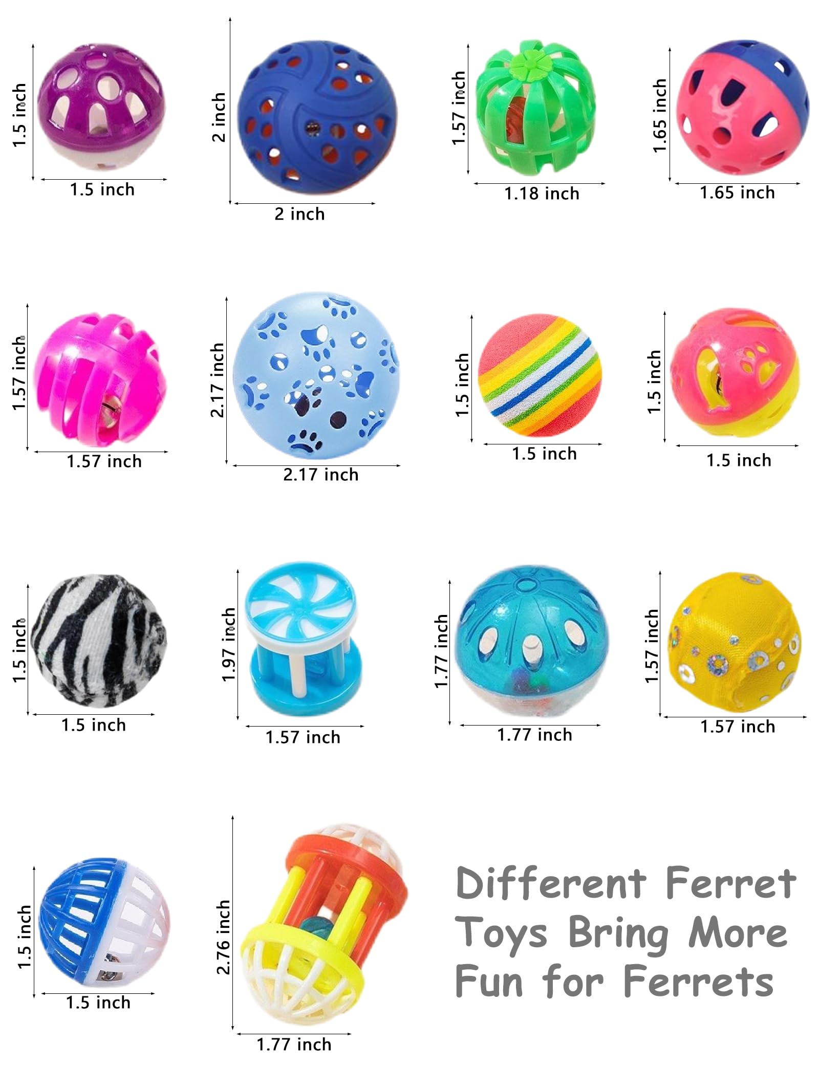 10-Pack Resilient Ferret Toys, Colorful Teething Balls, Bells, Interactive Stimulation, Easy-Clean For Oral Health (1.5'' - 2.7'