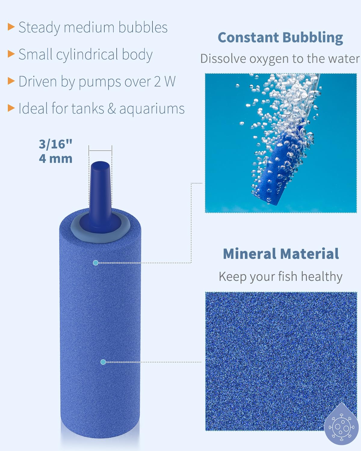 Pawfly Aquarium 2 Inch Air Stone Cylinder Blue Bubble Diffuser Release Tool For Nano Air Pumps Small Fish Tanks Buckets And Dwc