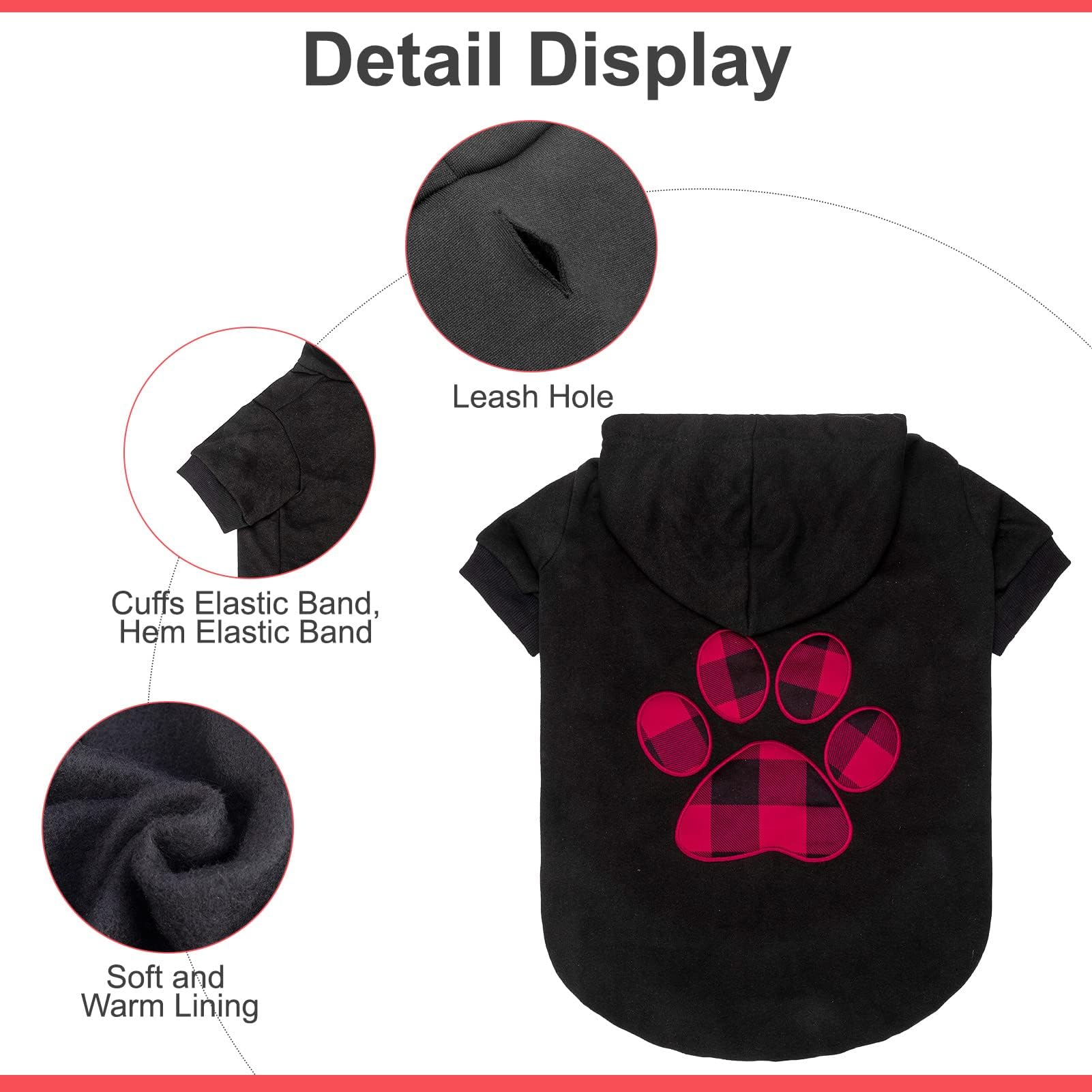 Kooltail Dog Pullover Hoodie With Hat, Pet Cold Weather Clothes With Red And Black Plaid Foot Pattern, For Small Medium Large Dogs