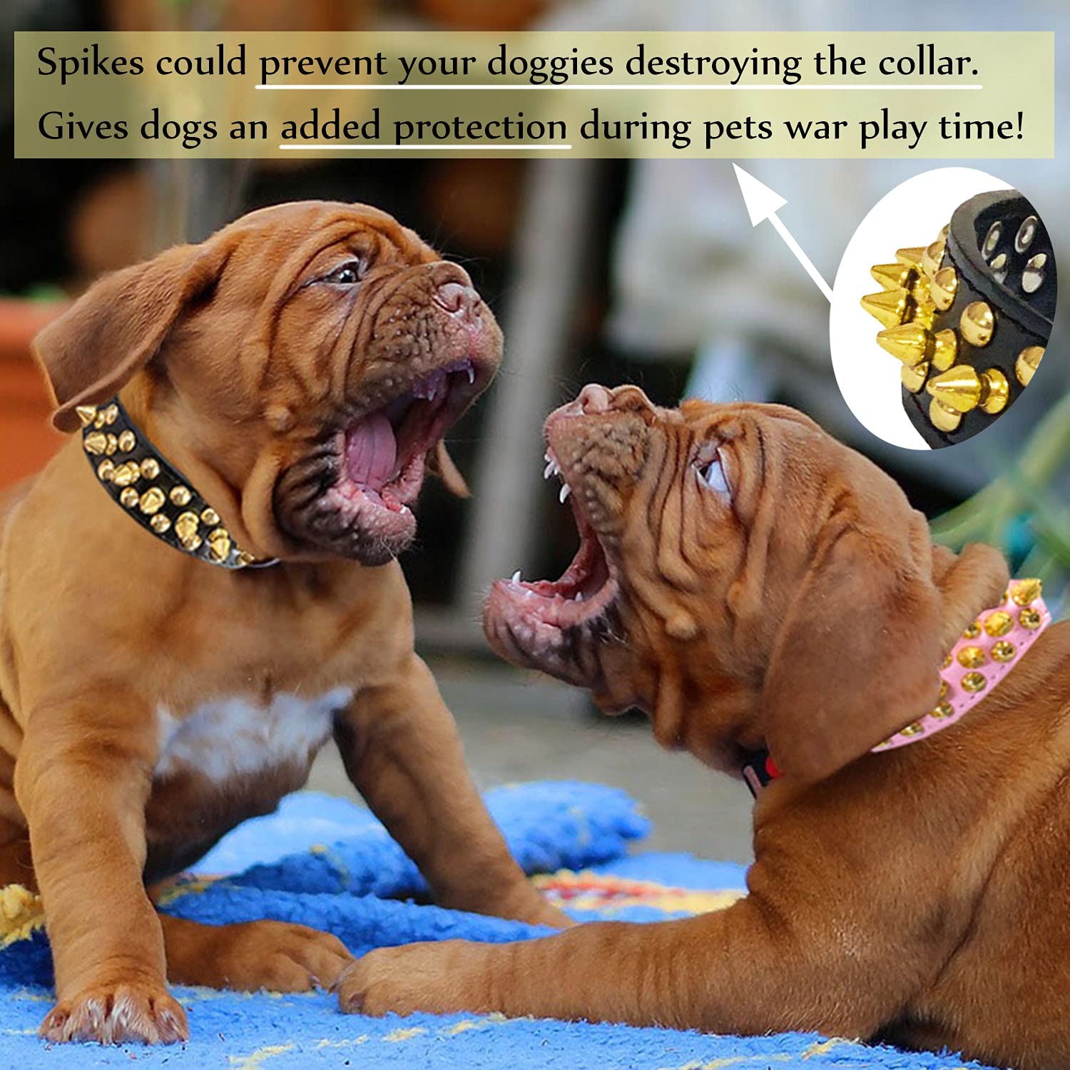 Teemerryca Black Leather Dog Collar With Gold Spikes For Male Small Medium Large Pets, Pit Bulls/Bulldog, Keep Dog Safe From Grabbing By Huge Dogs, M(12'-15')