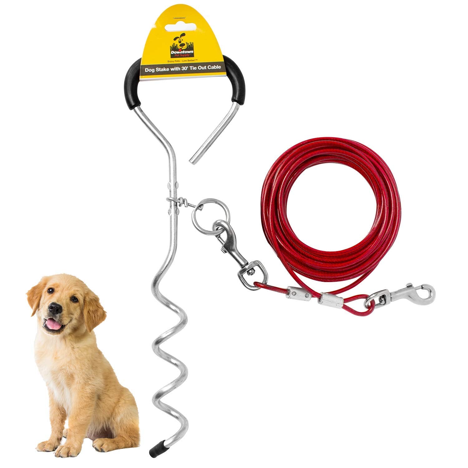 Downtown Pet Supply - Dog Tie Out Stake - Premium Dog Stake For Yard - Dog Runner With Steel Corkscrew Stake And Tie Out Cable For Dogs - For Dogs Up To 70 Lbs - 30 Ft