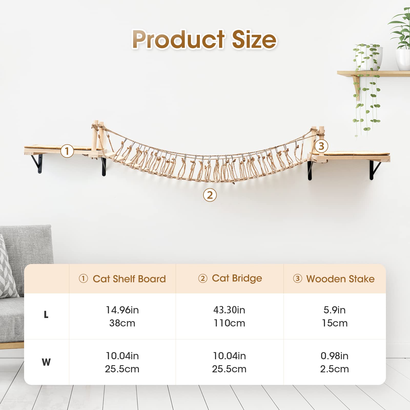 A.Fati Wall-Mounted Cat Roped Bridge Long For Indoor Cats, Cat Wall Shelves For Sleeping, Playing, Climbing, Wooden Cats Bed And