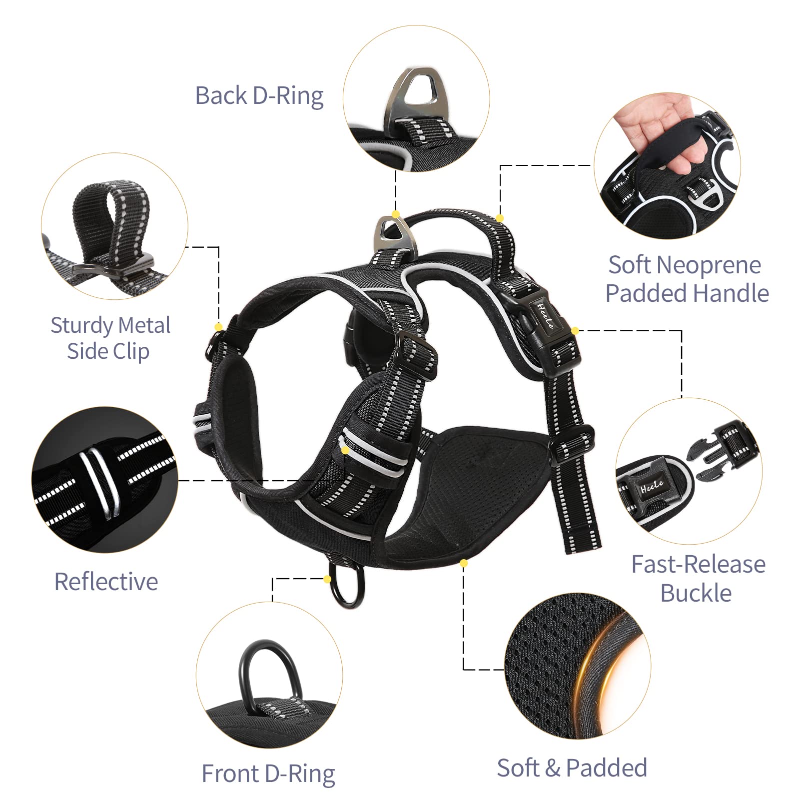 Heele Dog Harness, No Pull Adjustable Padded Reflective Harness For Small Medium Large Dogs With Handle For Walking Training, Bl