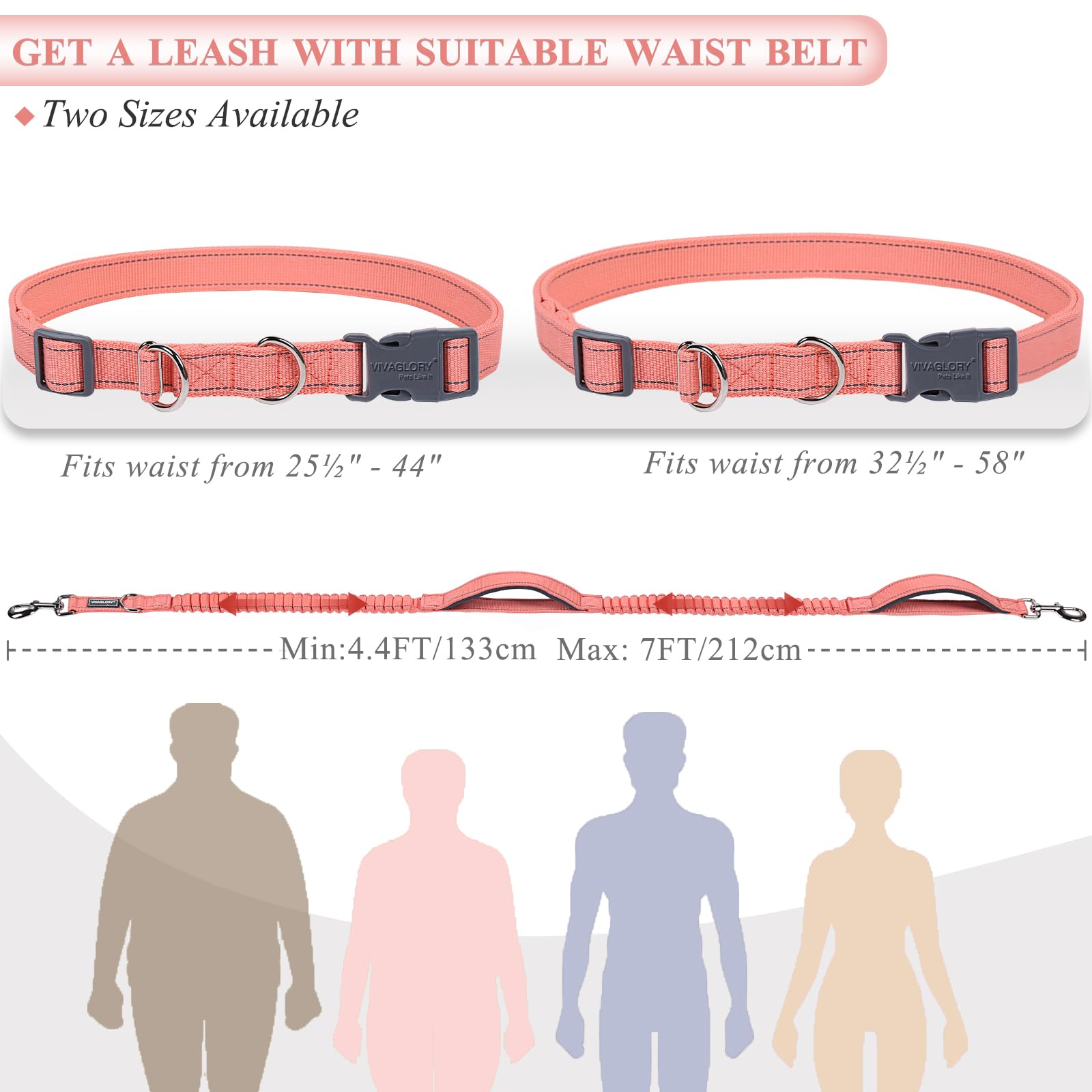 Vivaglory Hands Free Dog Running Leash With Dual Advanced Anti-Shock Bungees And Padded Handles, Reflective Waist Jogging Leash With Adjustable Belt For Training For Medium Large Dogs, Pink/Grey