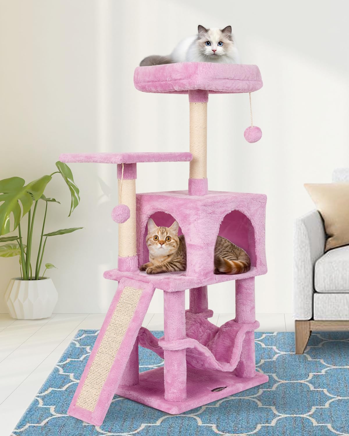 Miao Paw Pink Cute Cat Tree For Indoor Cat Tower With Scratching Post Modern Activity House Hammock Hanging Ball Condo With Boar