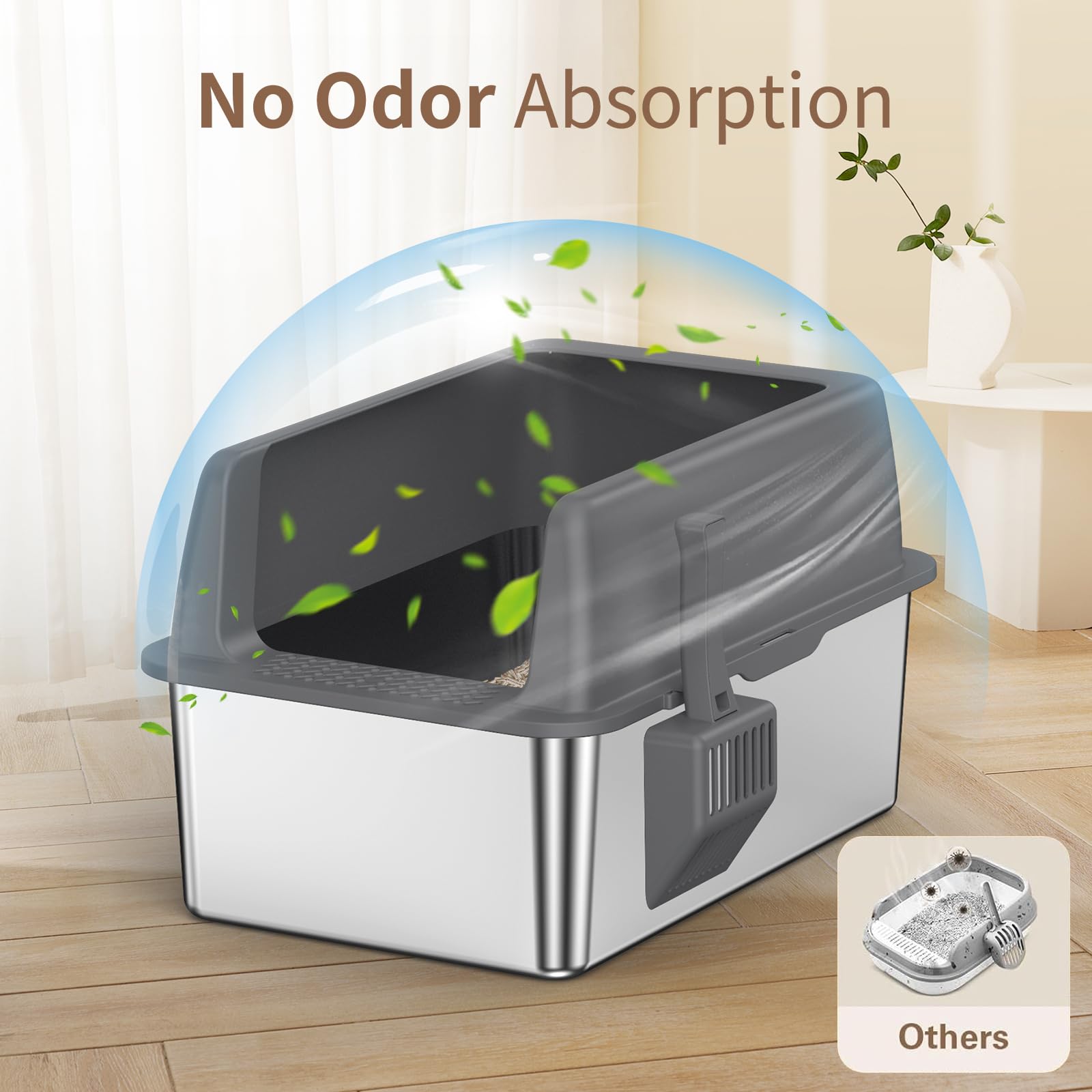 Zarler Stainless Steel Litter Box With Lid, 8    Deep Extra Large Cat Litter Boxes, Xl Metal Litter Box For Big Cats With High S