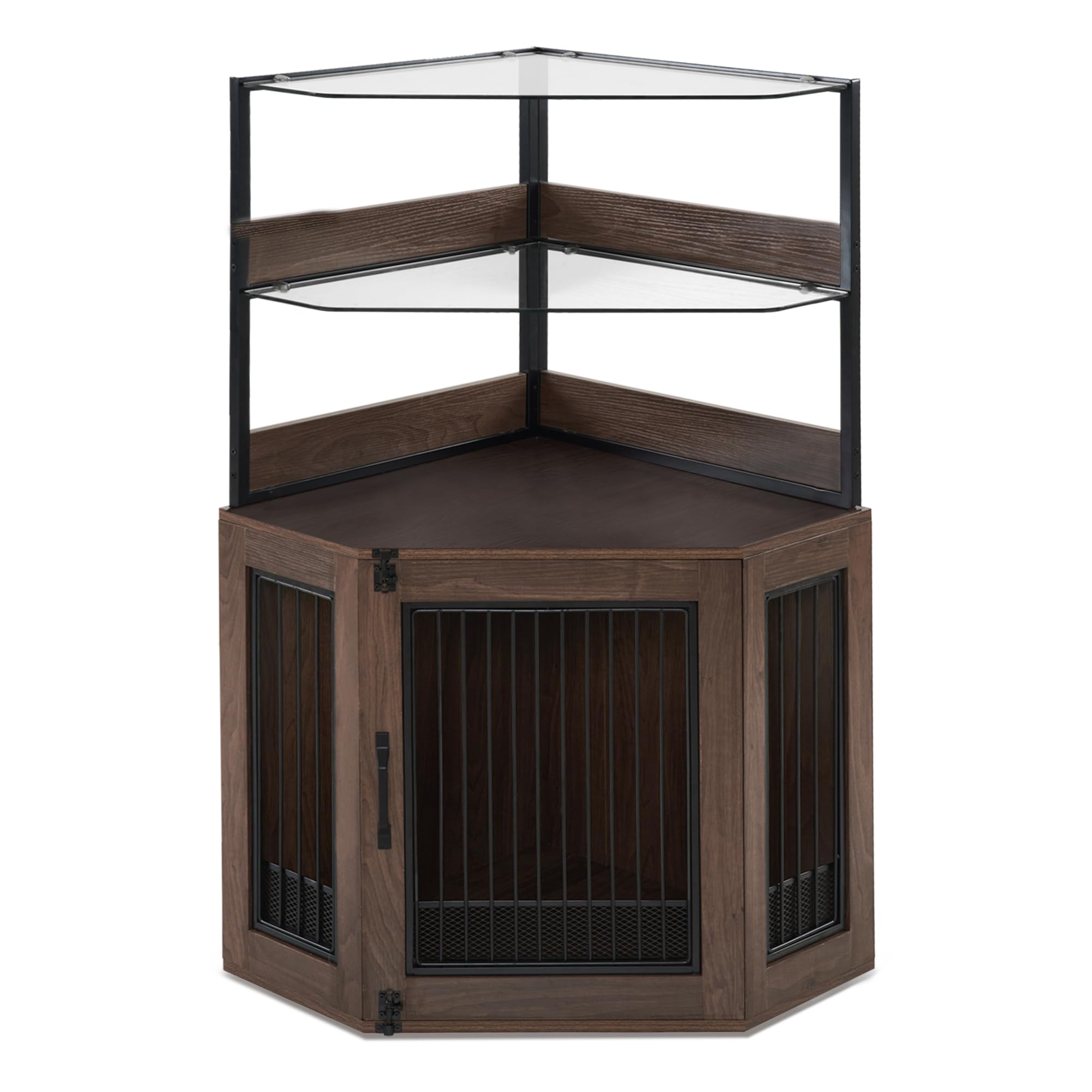 MCombo Small Corner Dog Crate Furniture with Glass Shelves, Wooden Dog Kennel Furniture with Door, Pet Crate Indoor Use, CN17 (B