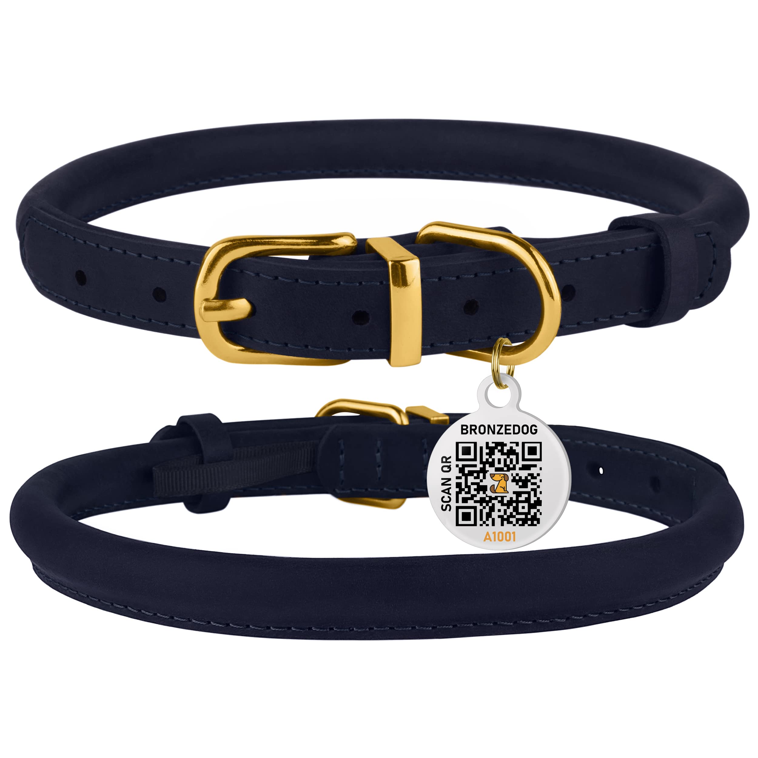 Bronzedog Rolled Leather Dog Collar With Qr Id Dog Tag Durable Round Personalized Collars Small Medium Large Dogs Puppy Cat (17-19 Inch, Dark Blue)