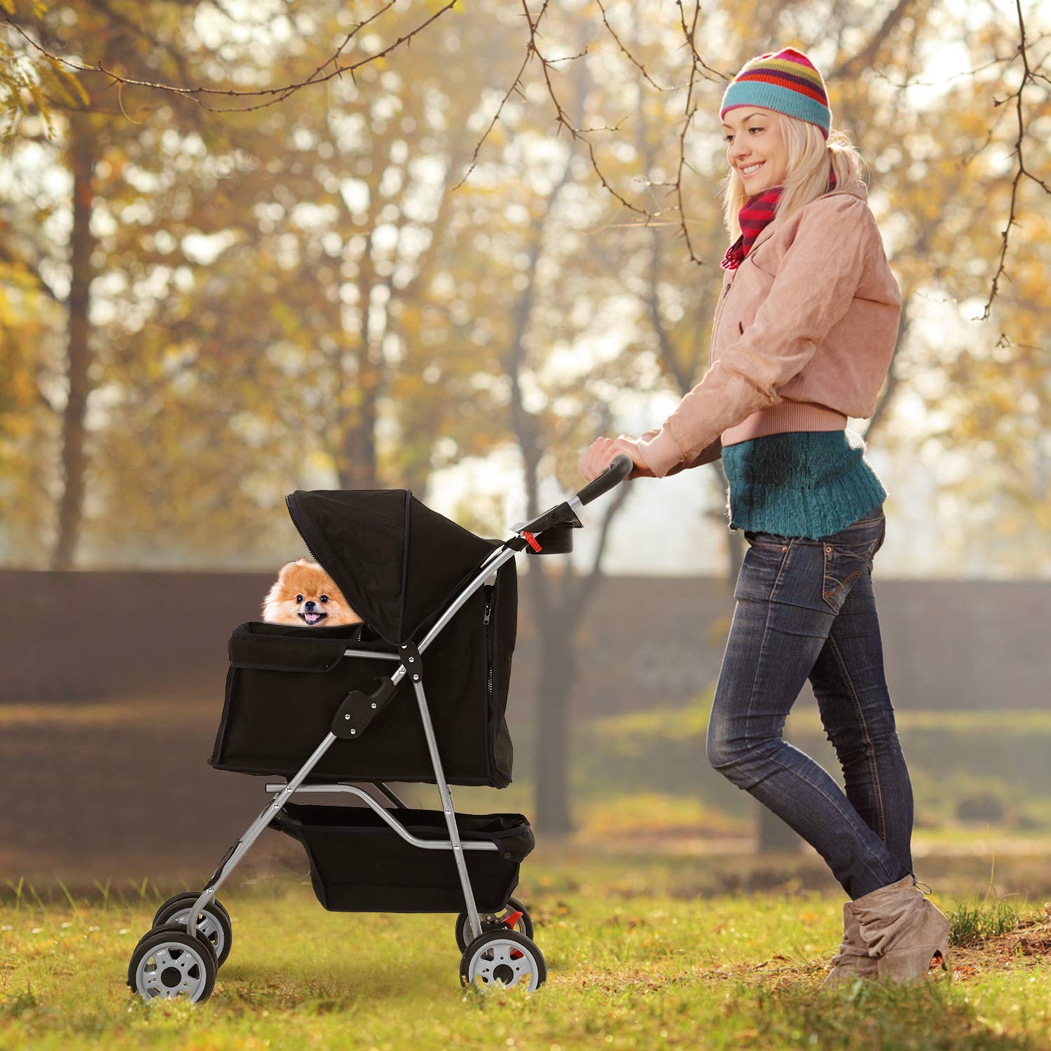 Hcy Dog & Cat Stroller - 4 Wheel Folding Carrier With Cup Holder & Storage Basket For Small & Medium Dogs - Black