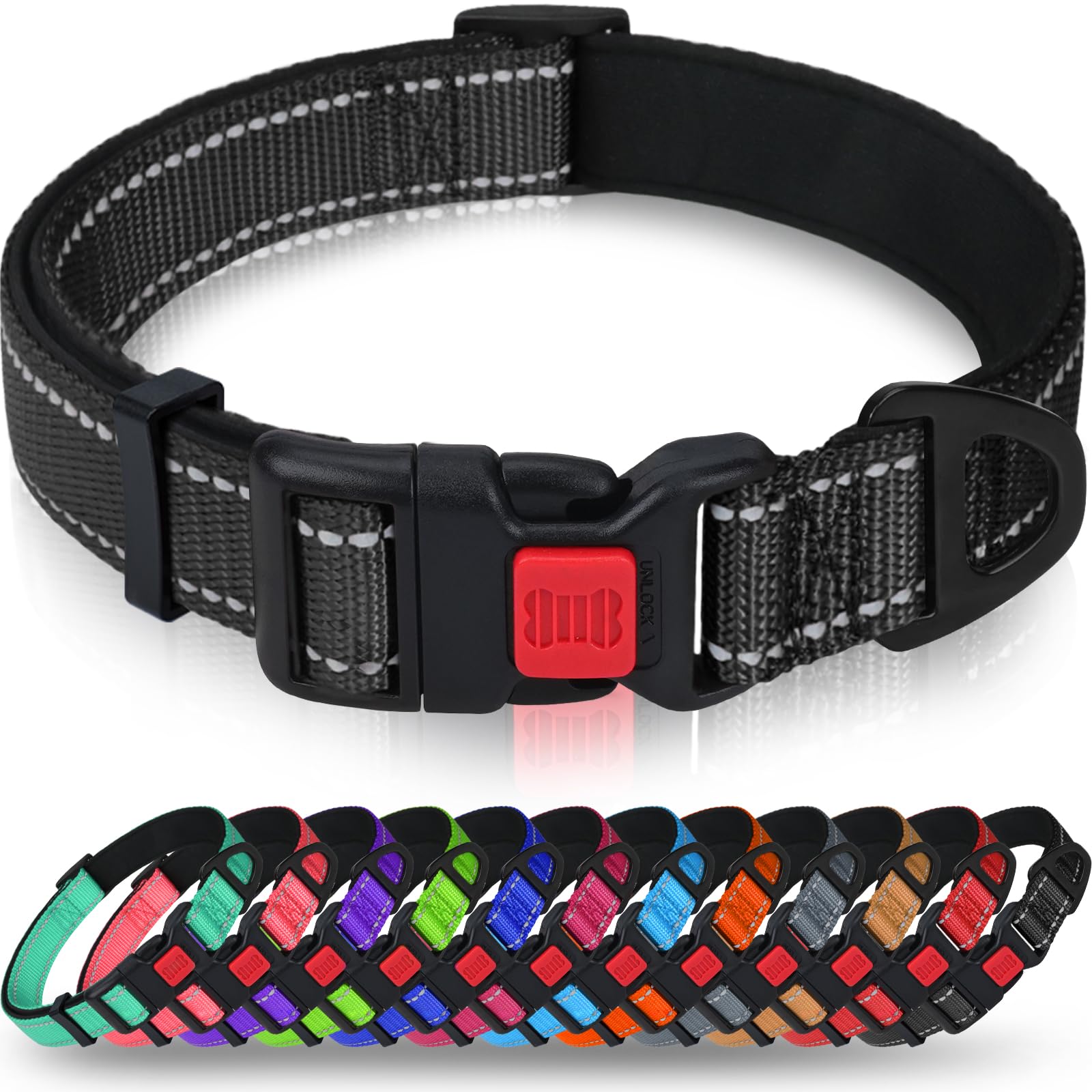 Taglory Reflective Dog Collar With Safety Locking Buckle, Adjustable Nylon Pet Collars For Extra Large Dogs Female Male, Black, Xl