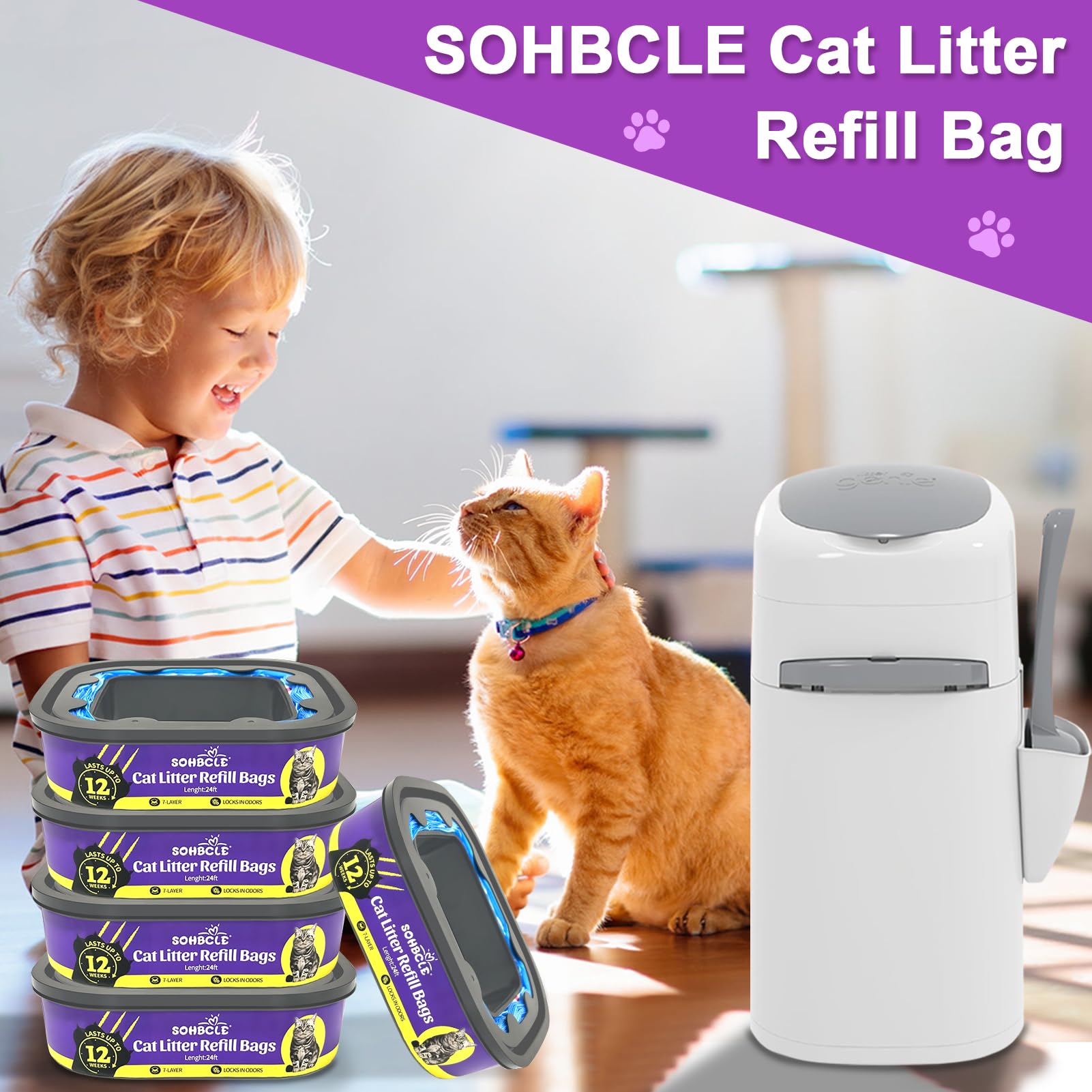 Sohbcle Cat Litter Refill Bags | 24Ft 8-Pack | Odor Control Cat Litter Bags | Compatible With Pet Genie Refills Standard,Plus,St