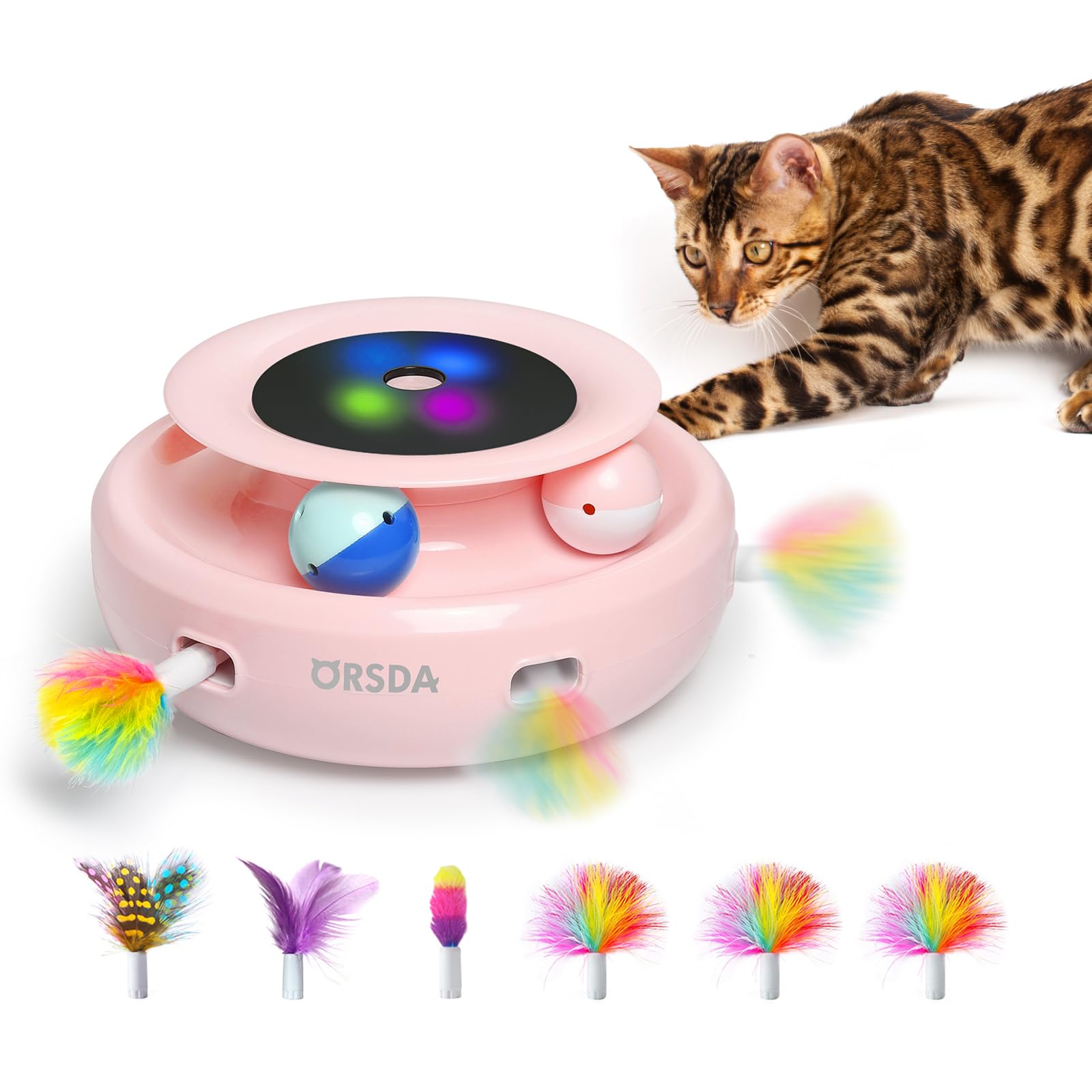 ORSDA Cat Toys 2-in-1 Interactive Cat Toys for Indoor Cats, Automatic Cat Toy Balls, Ambush Feather Kitten Toys with 6pcs Attach