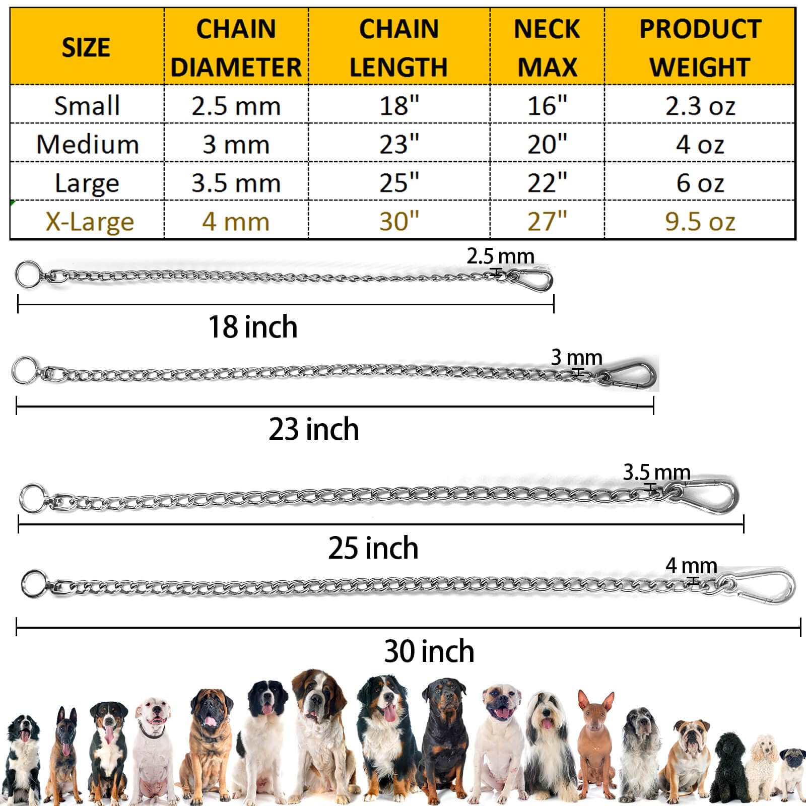 Dog Chain Collars 304 Stainless Steel Metal Chew Proof Dog Necklace Anti Winding Dog Leash Extension Lead for Small Medium Large