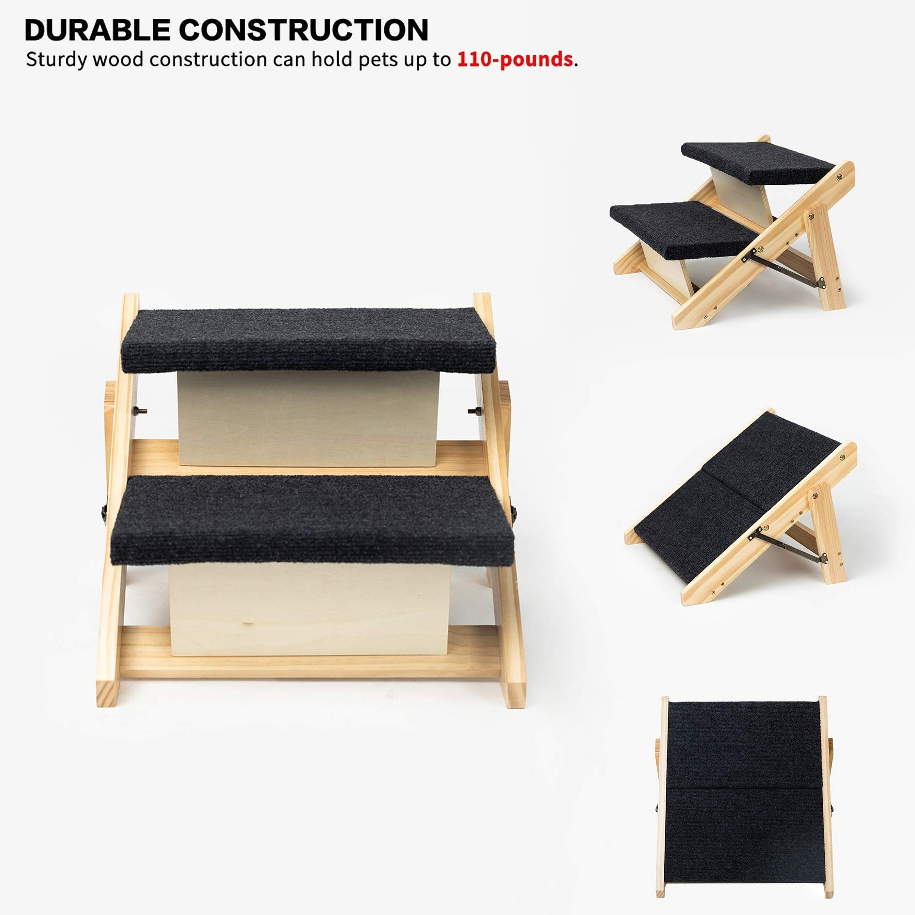 Mewang Wood Pet Stairs/Pet Steps - Foldable 3?evels?og Stairs &?amp?erfect For Beds And Cars - Portable?og/Cat Ladder Up To 110 Pounds