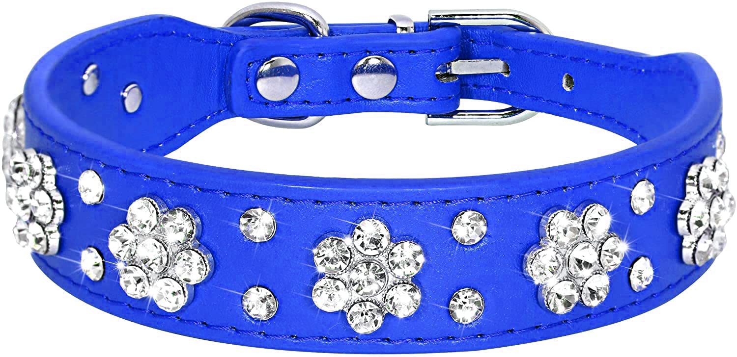 Serijoars Rhinestone Dog & Cat Collar - Bling Collar In Pu Leather, Adjustable Sizes Xs, Small, Medium (M, Dark Blue)