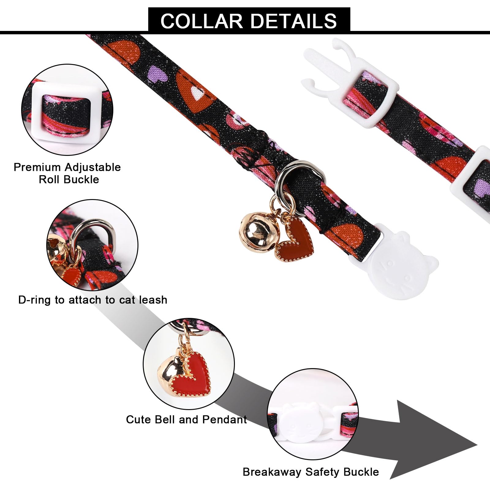 Lionet Paws 2Pcs Pack Valentine'S Day Cotton Cat Collar,Breakaway Buckle With Black Stripe Pink Heart Cute Adjustable Cat Kitten