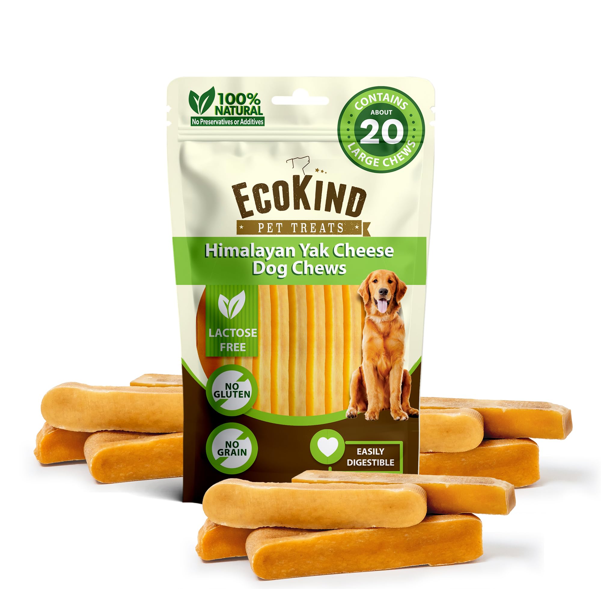 EcoKind Premium Gold Yak Cheese Himalayan Dog Chews, Dog Treats Large Breed, All Natural, High Protein, for Aggressive Chewers, 