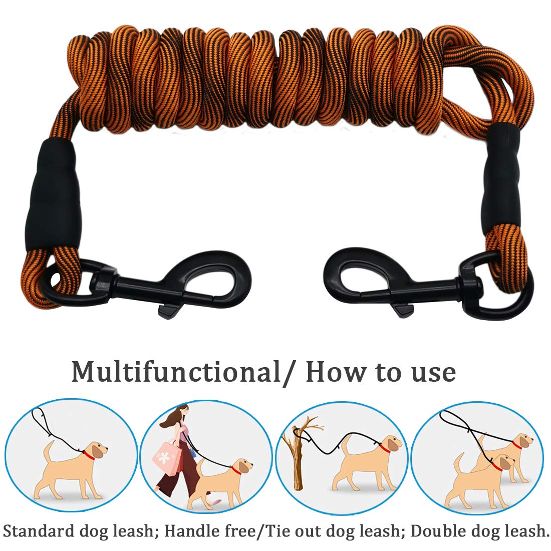 Maypaw 8Ft/10Ft Dog Tie Out/Check Cord, Heavy Duty Nylon Rope Training Leash, 3/8' Thick Dog Tether For Strong Small Medium Large Dogs Indoor Outdoor Walking/Camping (3/8' X 8Ft, Orange Black)