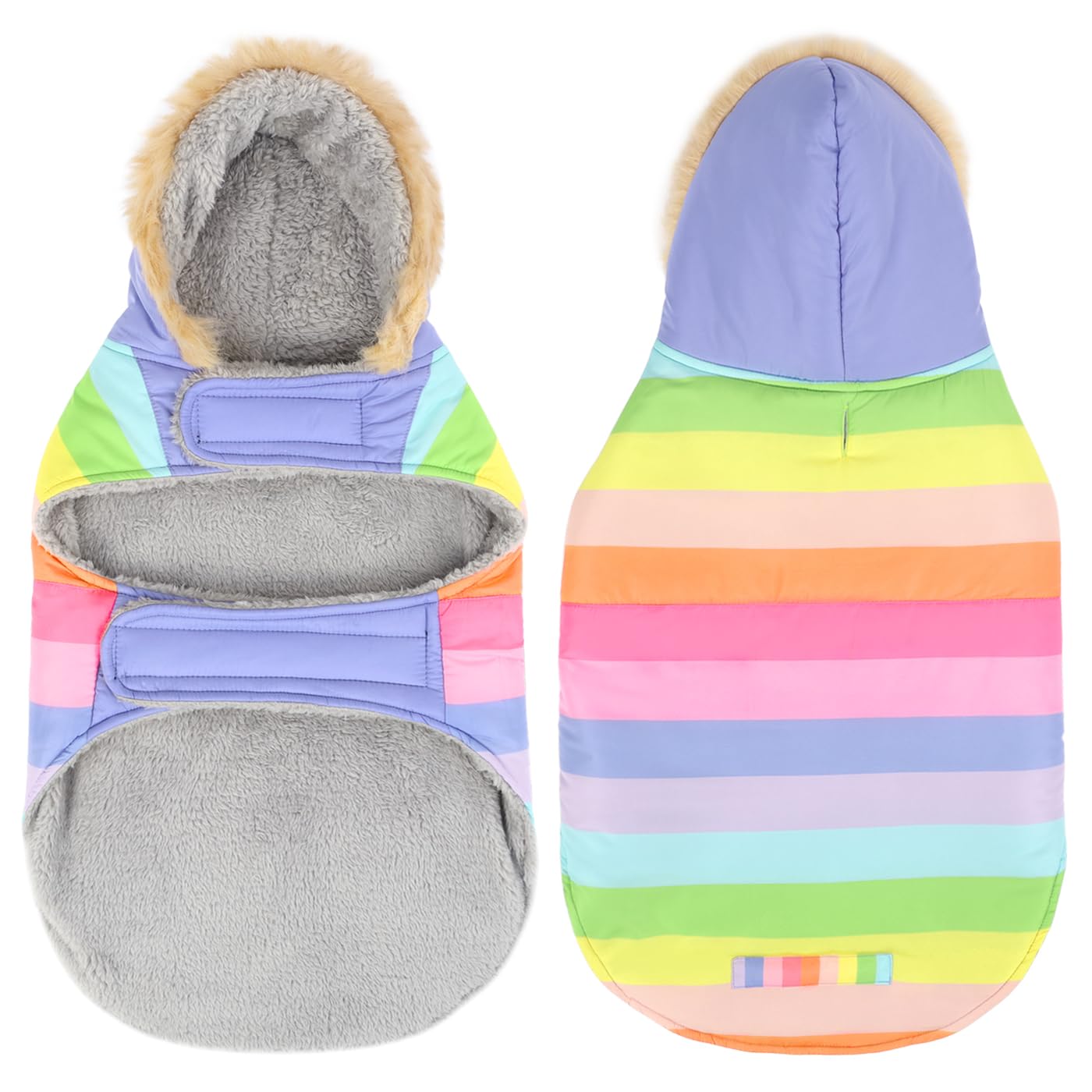 Hde Dog Puffer Jacket Fleece Lined Warm Dog Parka Winter Coat With Harness Hole Pastel Rainbow - M
