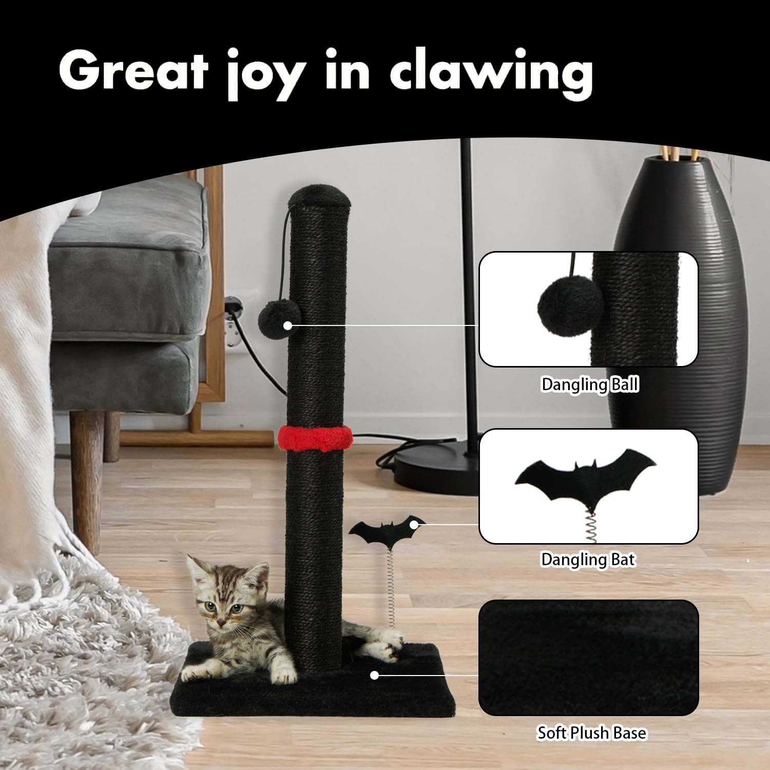 Mecool Cat Scratching Post Premium Sisal Scratch Posts With Hanging Ball Vertical Scratcher For Indoor Cats And Kittens (Black, 22 Inches For Kitten)