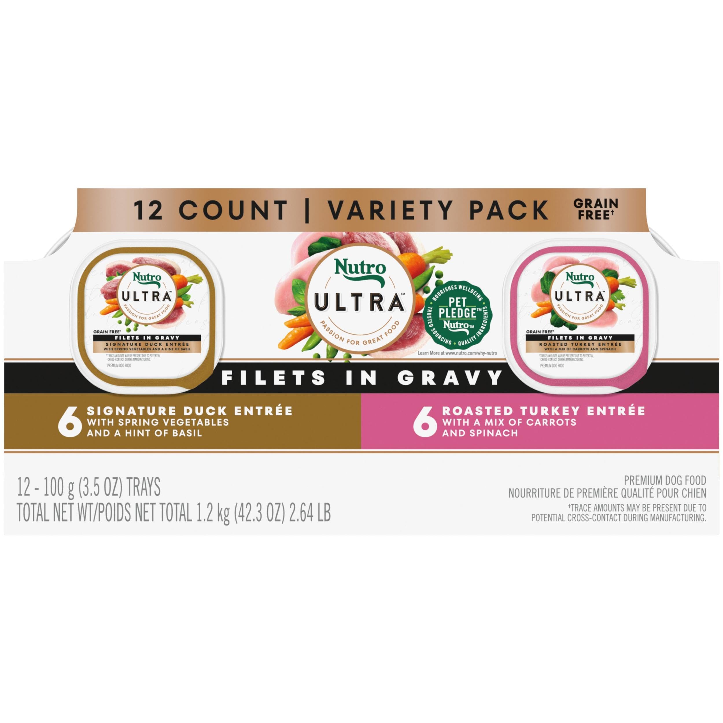 Nutro Ultra Wet Dog Food Filets in Gravy Duck & Roasted Turkey Variety Pack, 3.5 oz. Trays (12 Count, Pack of 1)