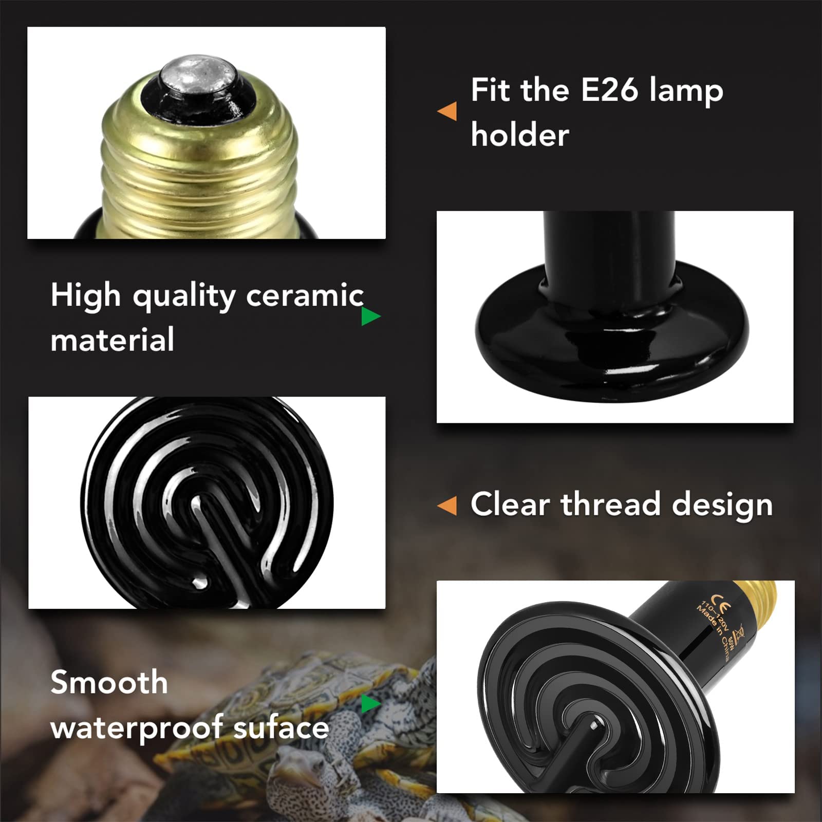 Simple Deluxe 60W Ceramic Heat Emitter Reptile Heat Lamp Bulb No Light Emitting Brooder Coop Heater for Amphibian Pet & Incubati