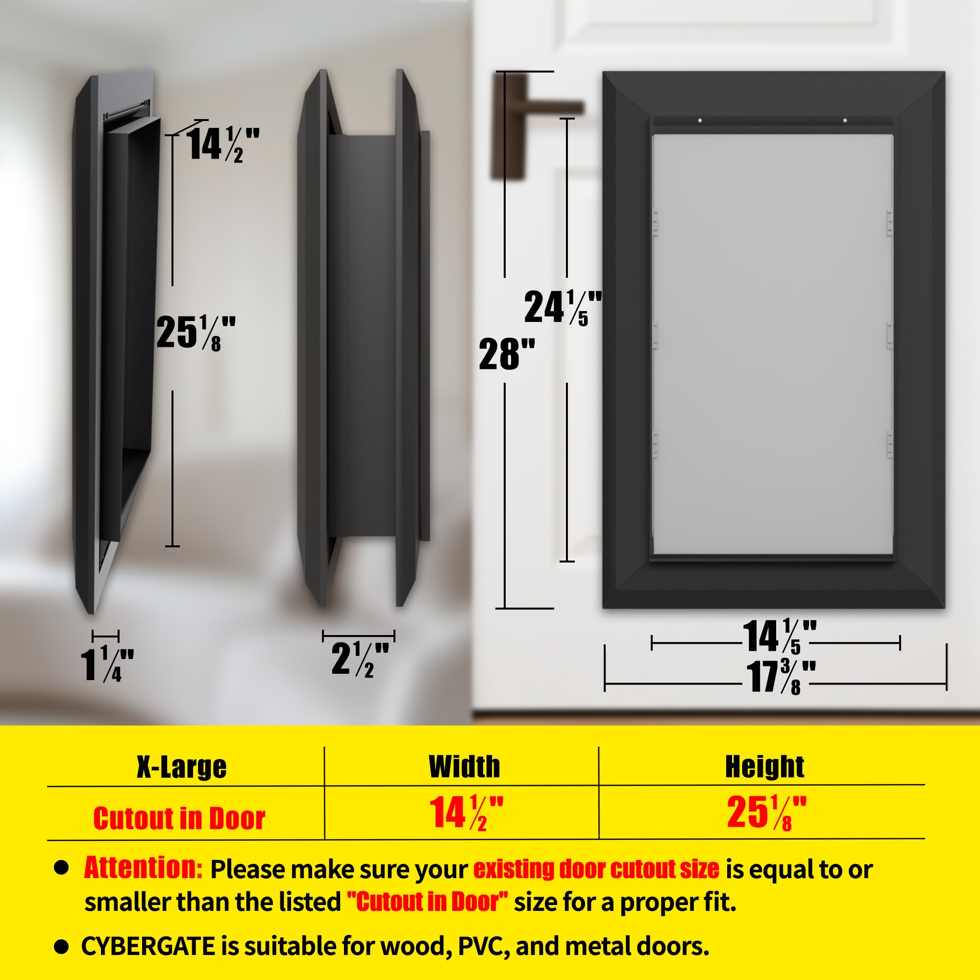 CYBERGATE X-Large Aluminum Dog Door - Heavy Duty Magnetic Double Flap, Lockable, Black, Easy to Assemble, 14.5"W x 25.125"H