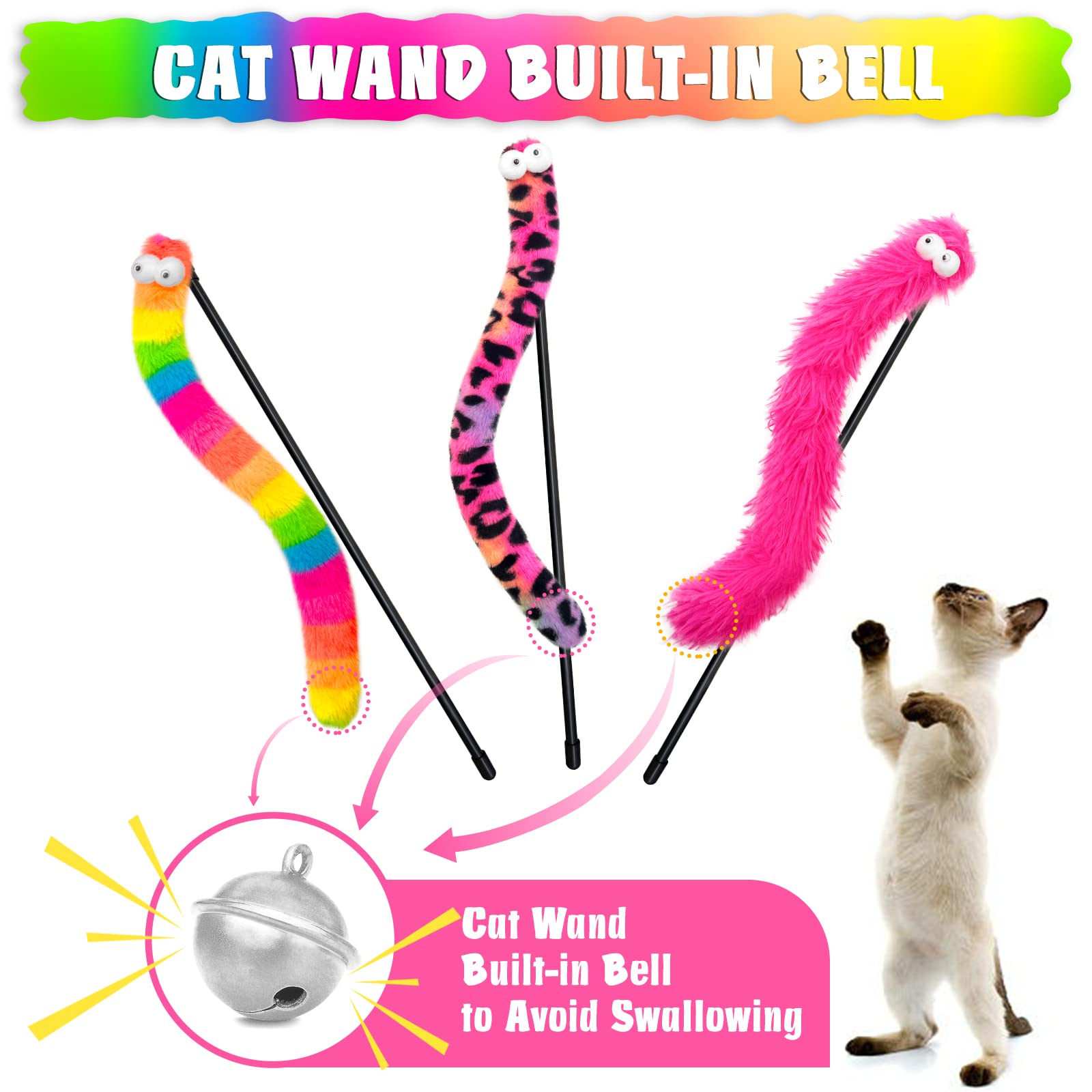 Lepawit 3 Pack Cat Wand Toy, Rainbow Cat Feather Toys With Bells, Teaser Wand With Soft Furry Tail, Interactive Toys For Indoor