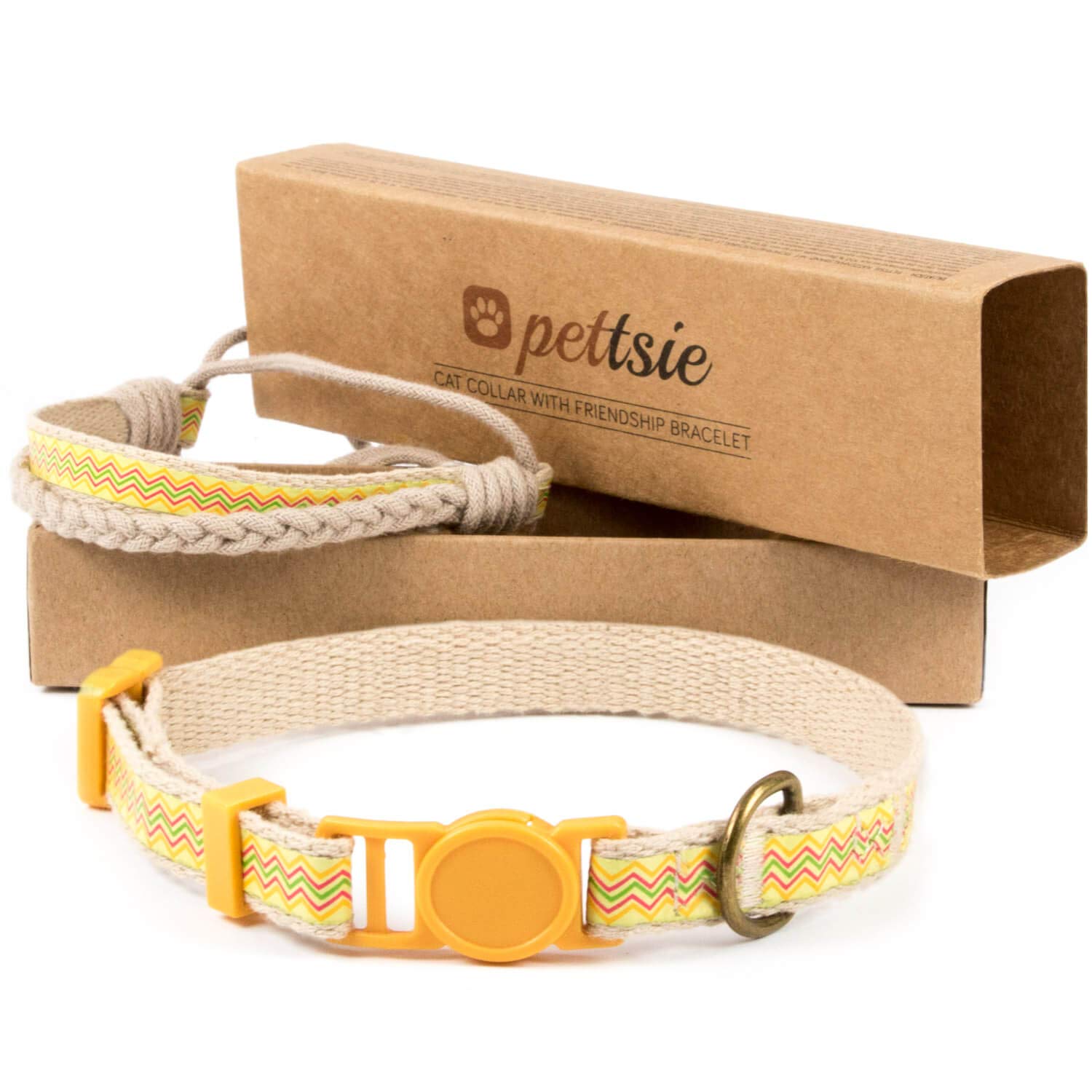 Pettsie Easy Adjustable Cat Collar Set, Safety Breakaway Buckle, Matching Friendship Bracelet, Soft Cotton For Sensitive Skin, Ideal For Kitty Lovers, Fits Neck Sizes 7.5-11.5 Inches, Yellow