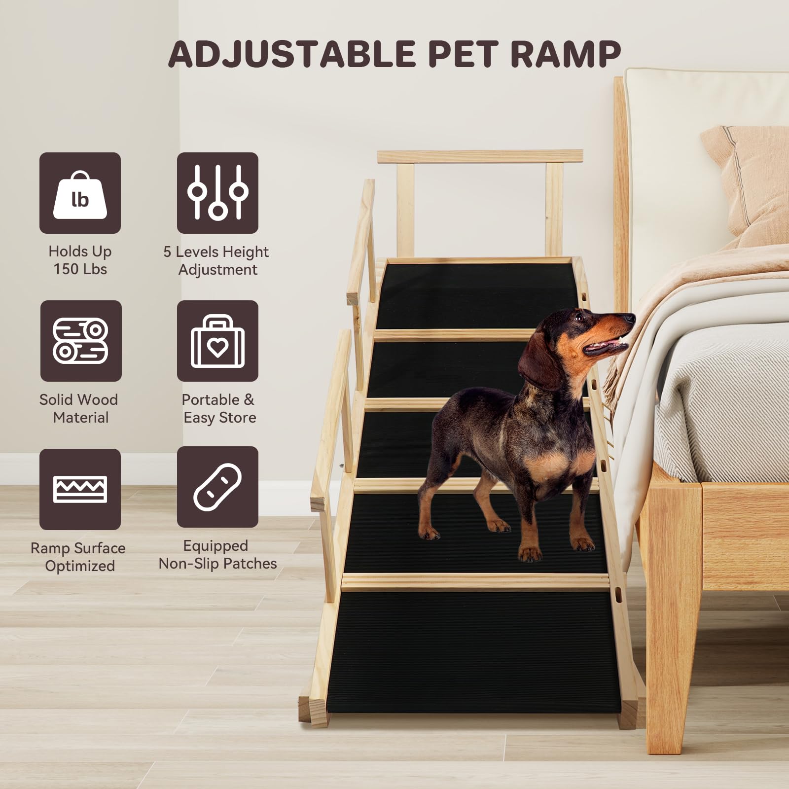 Dog Ramp for Bed PANTAZO Adjustable Ramps for Small Dogs to Get on Bed, Up to 28.5 Inches, 48 Long,120lbs with Anti-Slip Grip