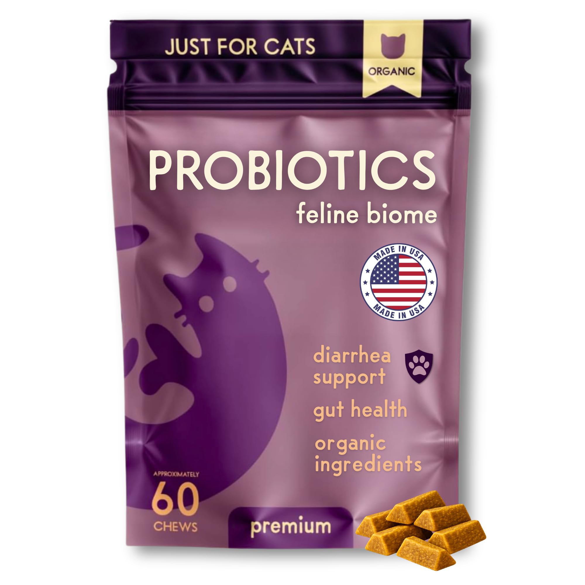Feline Biome: Premium Cat Probiotic - Gut Health, Diarrhea Relief & Immune Support - Natural & Organic Ingredients - 60 Soft Che