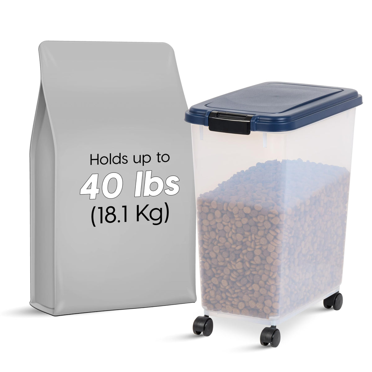 Iris Usa Airtight Dog Food Storage Container, Up To 40 Lbs, Attachable Wheels, For Dog Cat Bird And Other Pet Food Storage Bin, Keep Fresh, Translucent Body, Easy Mobility, Navy