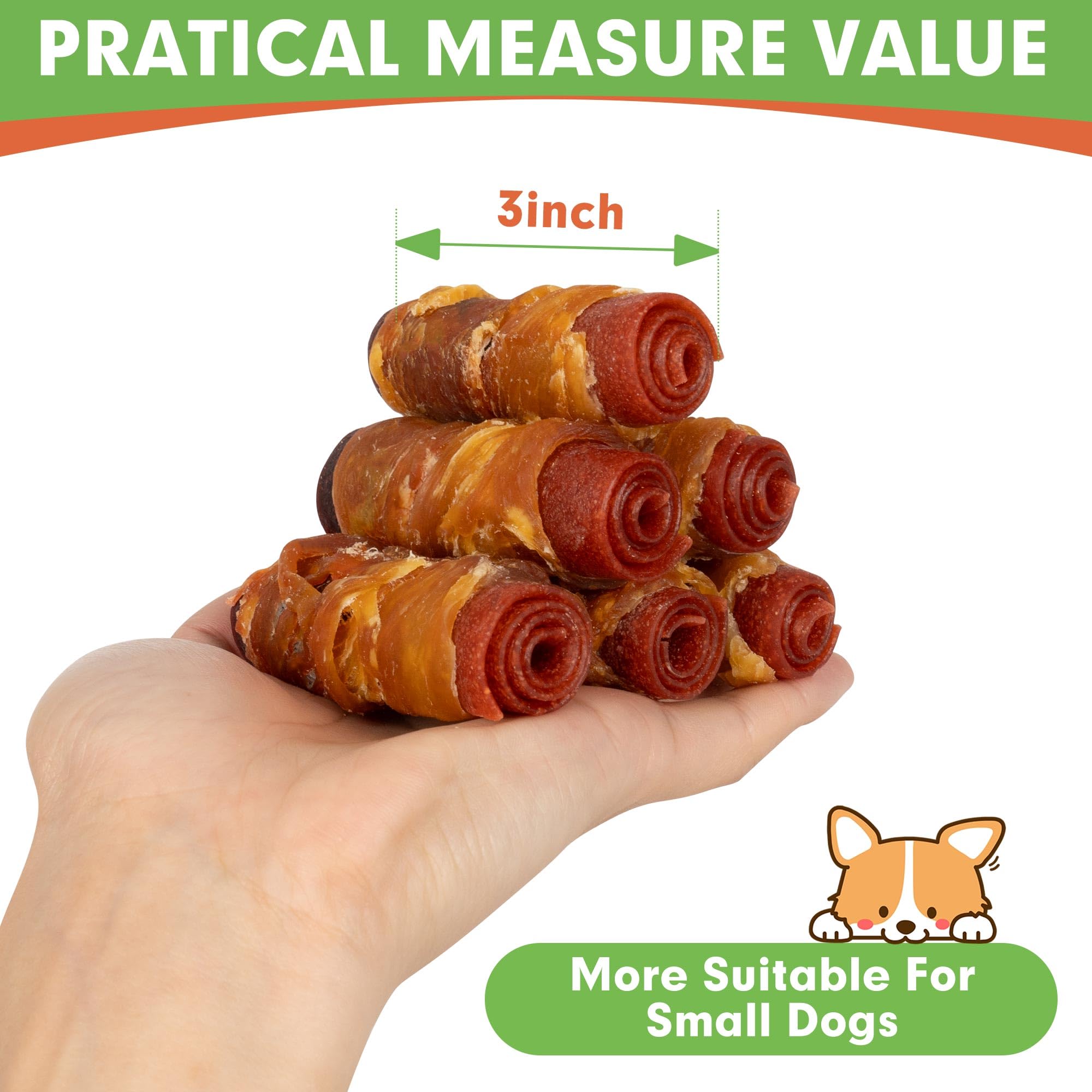 MON2SUN Rawhide Free Dog Treats, 3 Inch Triple Flavor Chicken Wrapped Duck and Beef Rolls for Small Dogs, Healthy Snacks, 21.16o