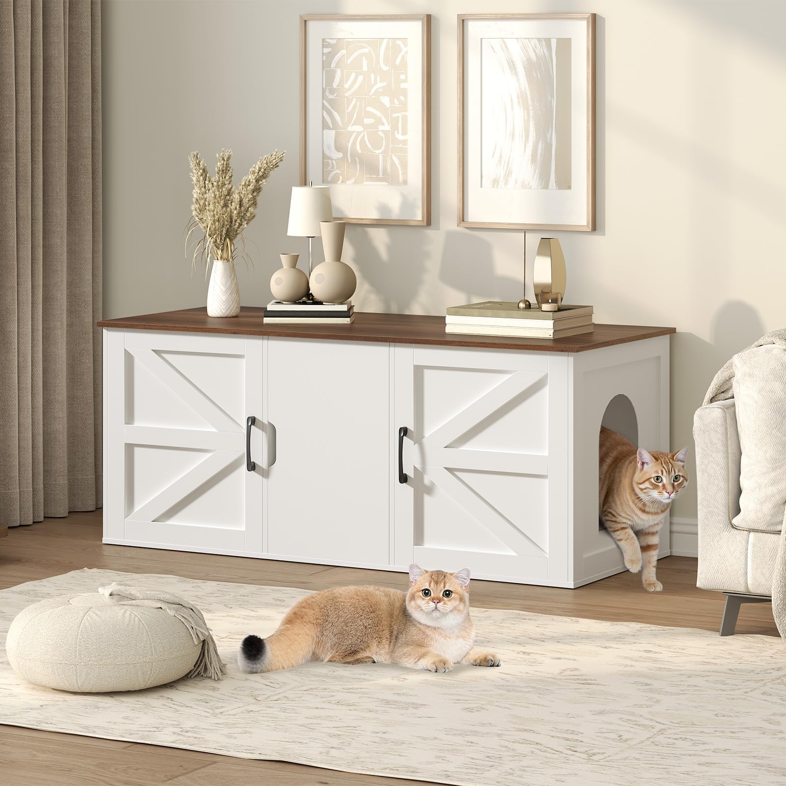 MAHANCRIS Cat Litter Box Enclosure for 2 Cats, 47.2 Hidden Cat Litter Box Furniture with Double Rooms, Wooden Litter Box Furnitu