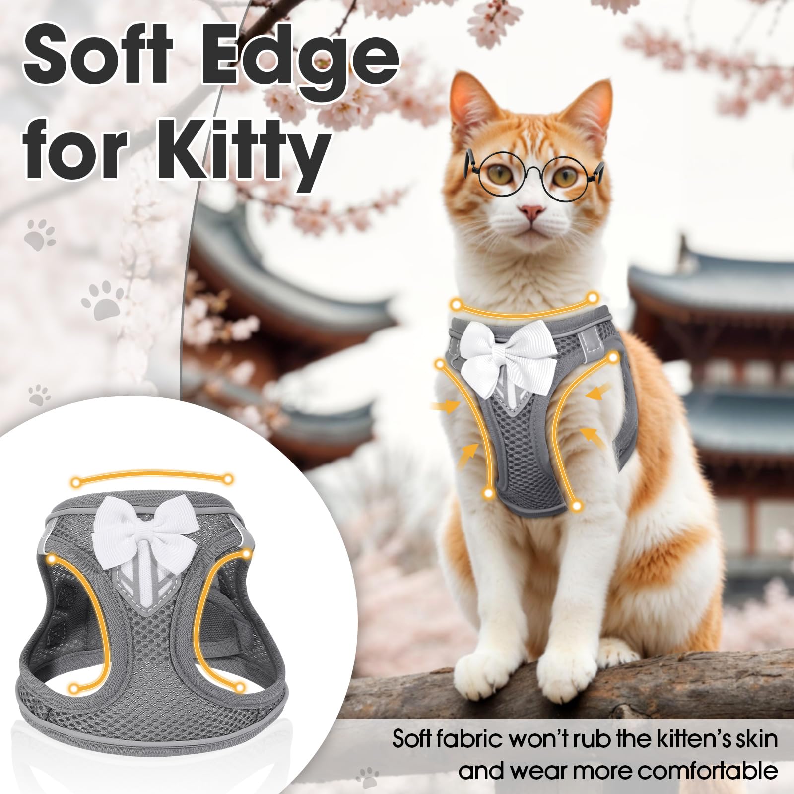 Cat Vest Harness And Leash Set For Walking Escape Proof, Adjustable Kitten Harness Breathable Mesh With Reflective Strips Harnes