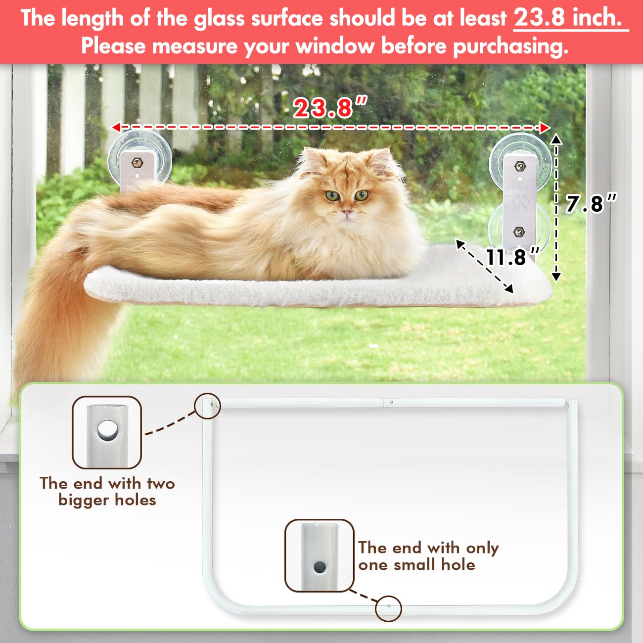 Amosijoy Cordless Cat Window Perch, Cat Hammock For Wall With 4 Strong Suction Cups, Solid Metal Frame And Two Replaceable Covers, Foldable Cat Beds For Indoor Cats (Medium-White)