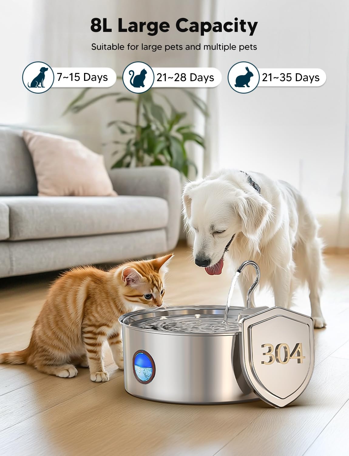 Subteenmate Dog Water Fountain For Large Dogs- 270Oz/8L Stainless Steel Dog Water Bowl Dispenser Automatic Pet Water Fountain Wi
