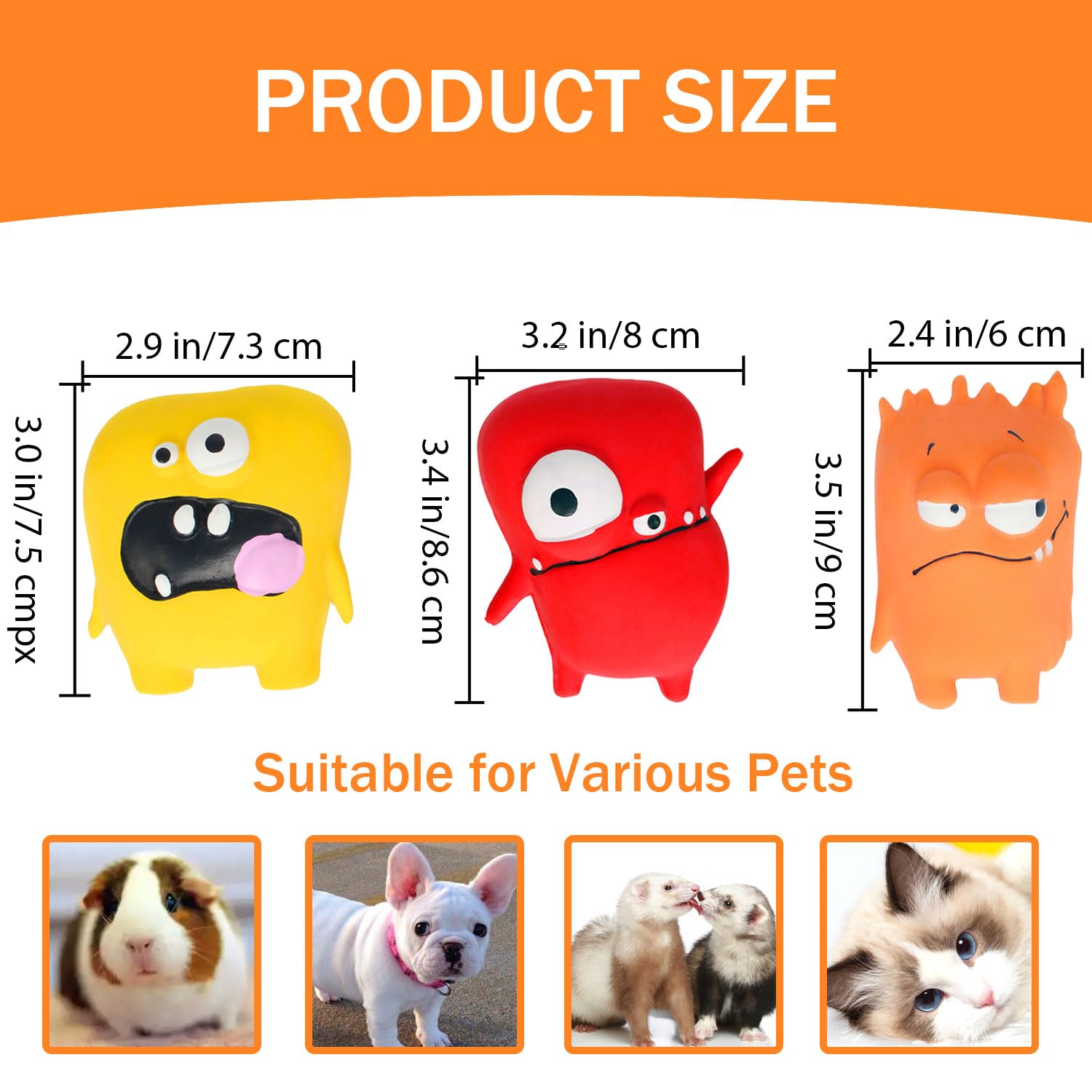 Kittail Squeaky Ferret Toys - 3 Pack Monster Teething Chew Toy With Squeaker. Made Of Natural Rubber. Ideal For Small Dogs, Rats