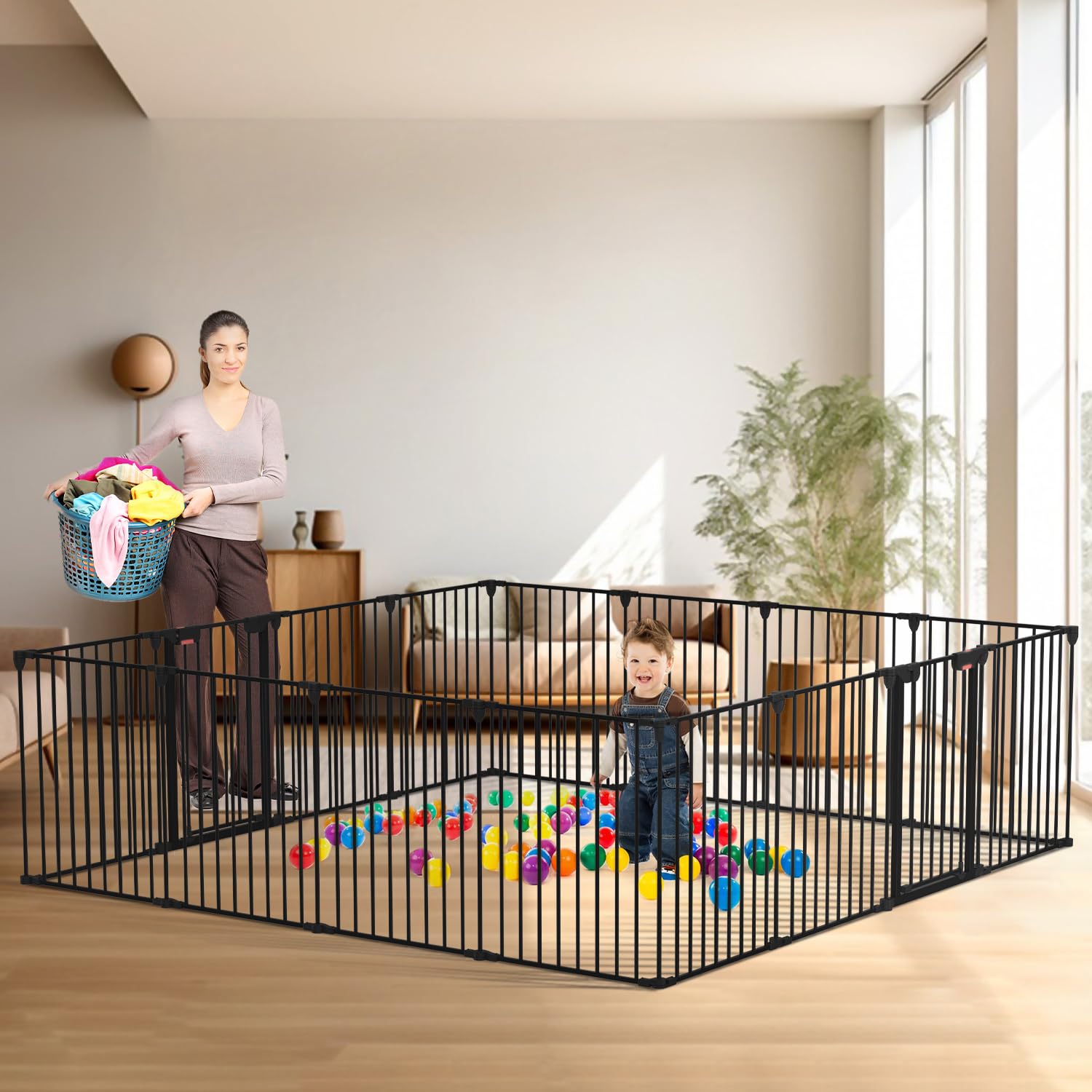 Kfvigoho Baby Gate 35'-198' Extra-Wide Gate For Stairs, Play Yard Child Safety Gate, Dog-Gate With Auto-Close Door, Double Locking System For Fireplace, Kitchen, Foldable 8 Steel Panels, 29' Height