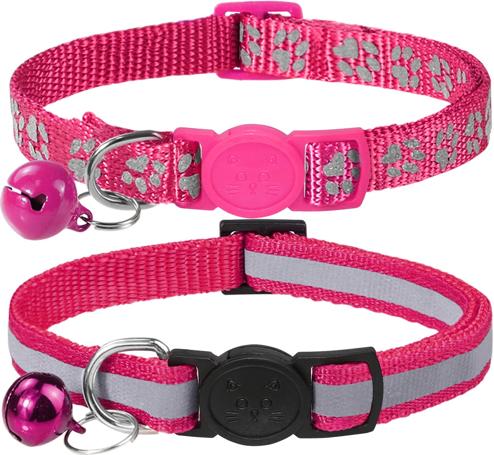 Taglory Reflective Cat Collars Breakaway With Bell, 2 Pack Girl Boy Pet Kitten Collar Adjustable 6-8 Inch, Hotpink
