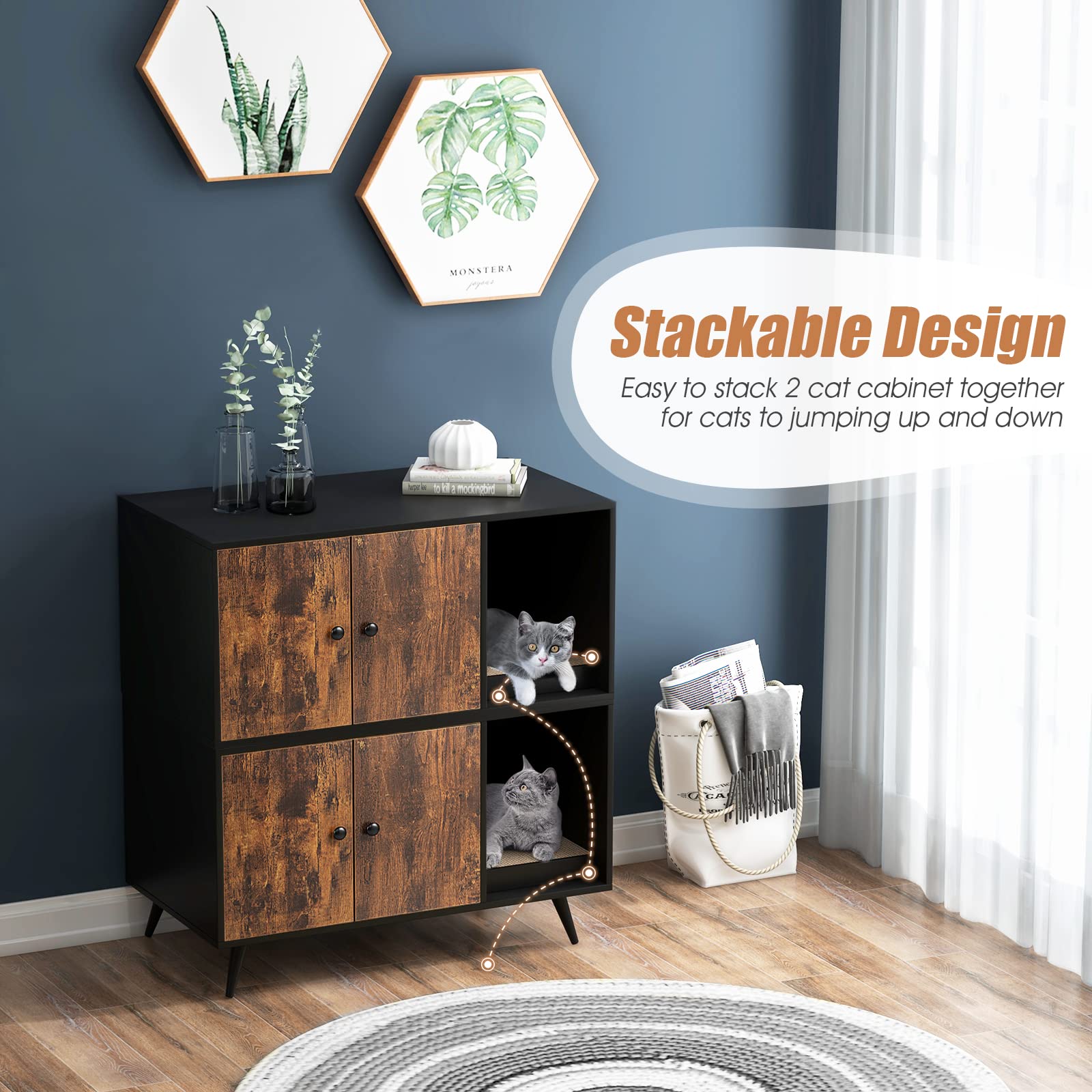 Petsite Litter Box Enclosure, Wooden Hidden Litter Box Furniture With Cabinet & Scratching Pad, Stackable Cat Washroom Pet House