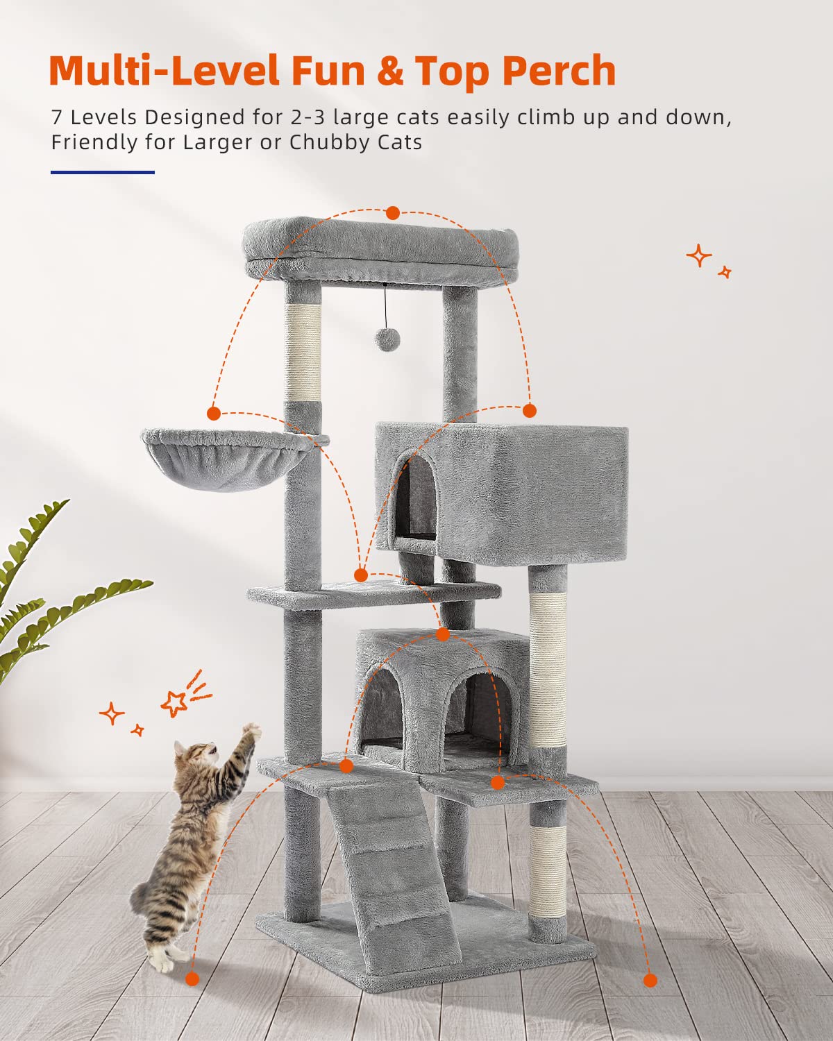 Muttros Cat Tree For Large Cats Adult With Super Large Top Perch, 56.3'' Cat Tower For Large Cats With Plush Hammock, Dangling P