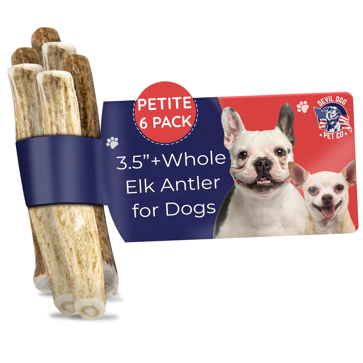 Devil Dog Pet Co. Elk Antlers For Dogs, 6 Pack, Petite 3.5”+, Grade A Long Lasting Dog Bones For Aggressive Chewers, Premium Usa Naturally Shed Antler Dog Chew – Healthy, No Odor, Dog Antler Chews