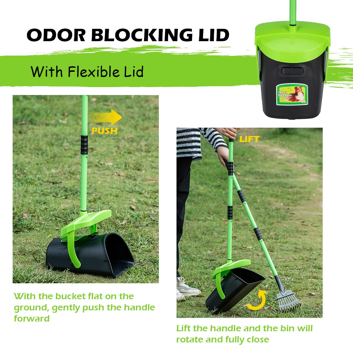 Mxf Pooper Scooper Swivel Bin & Rake Kit With 20 Waste Bags, 36.6'' Long Handle Adjustable Portable Non-Breakable Dog Pooper Sco