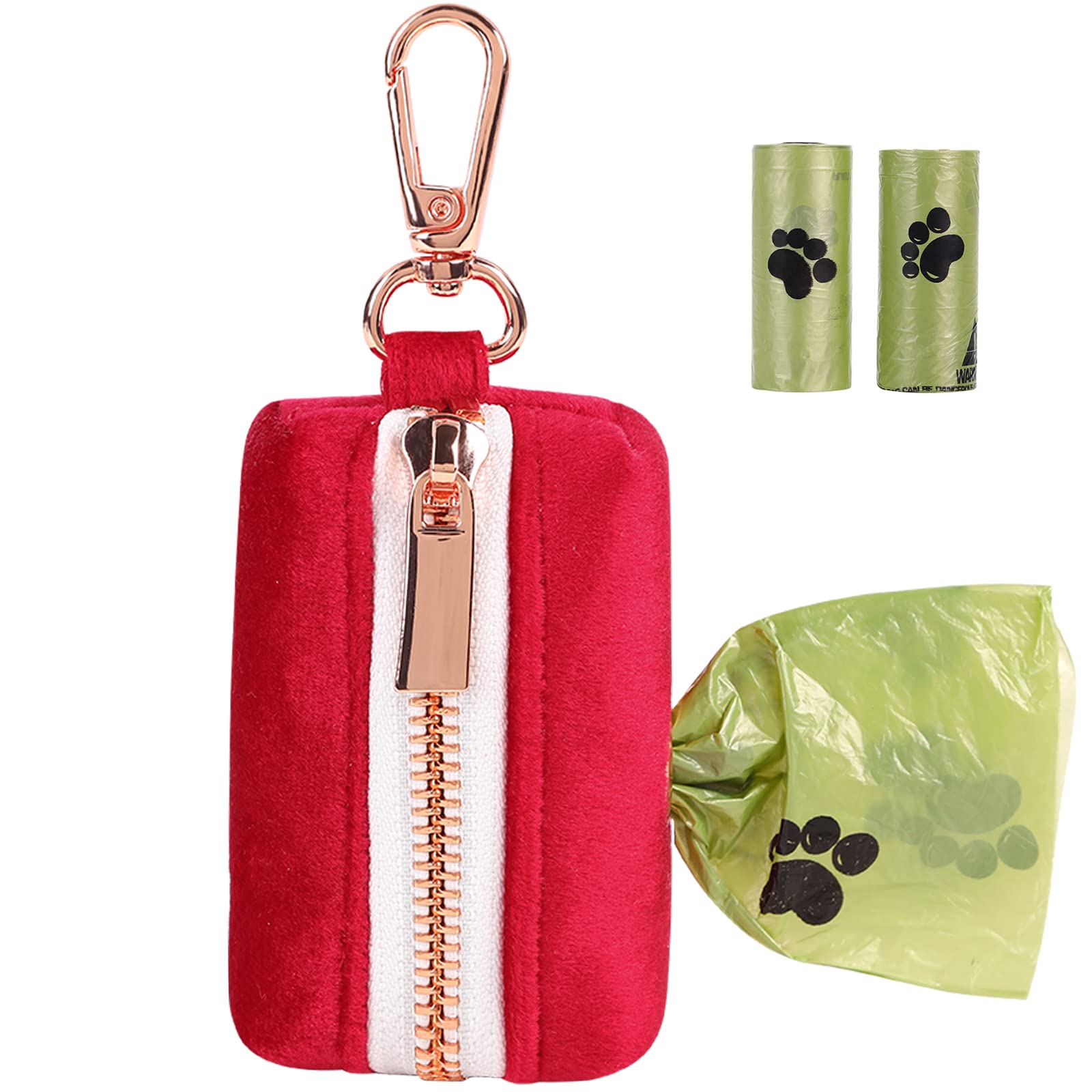 Aring Pet Dog Waste Bag Dispenser, Soft Doggy Poop Bags Holders Attach To Any Leashes, Velvet Portable Washable Red Pet Waste Po